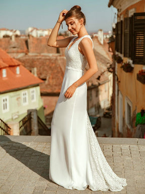 Color=Cream | V Neck Long Lace Wedding Dress-Cream 3