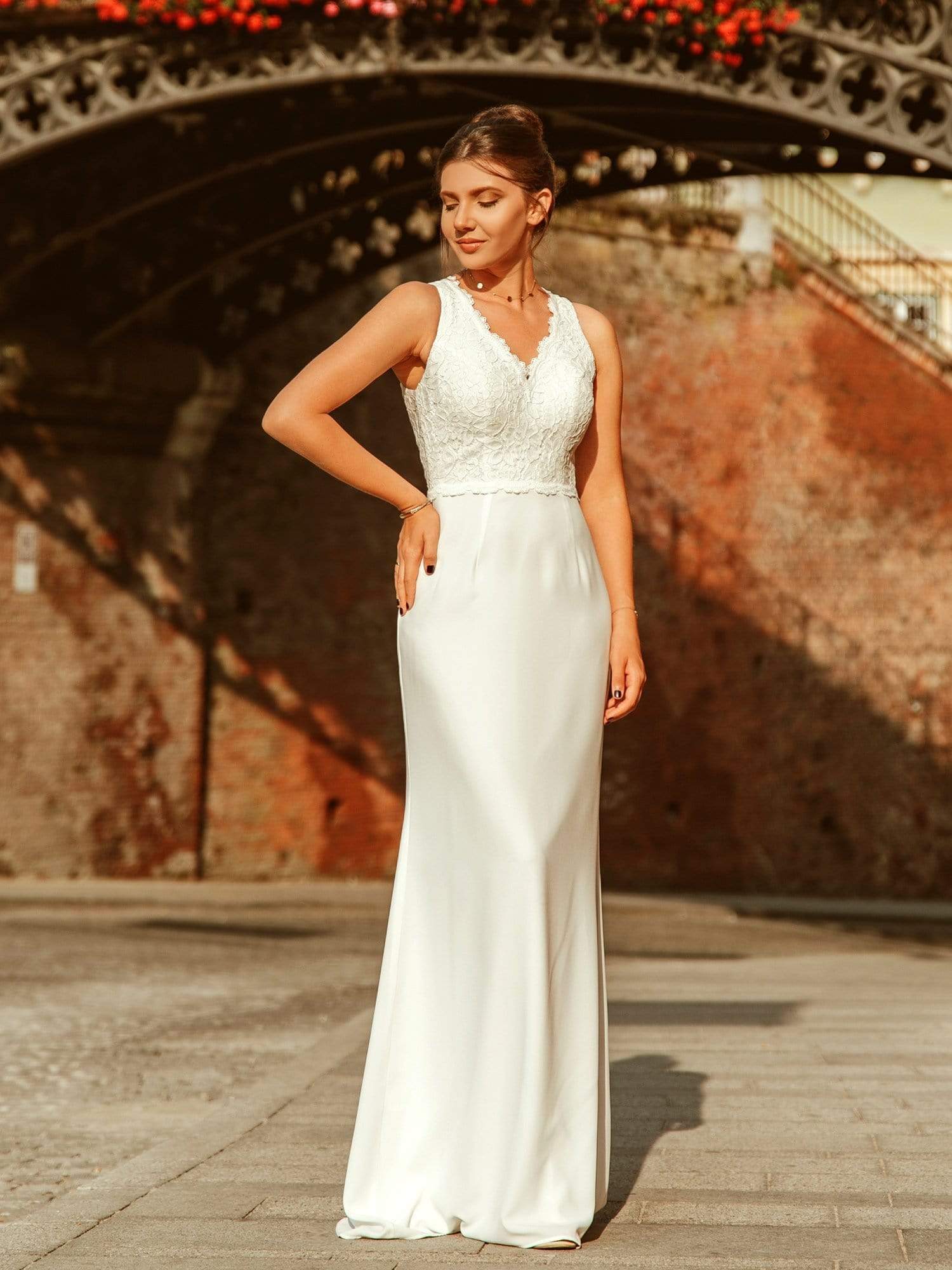 Color=Cream | V Neck Long Lace Wedding Dress-Cream 4