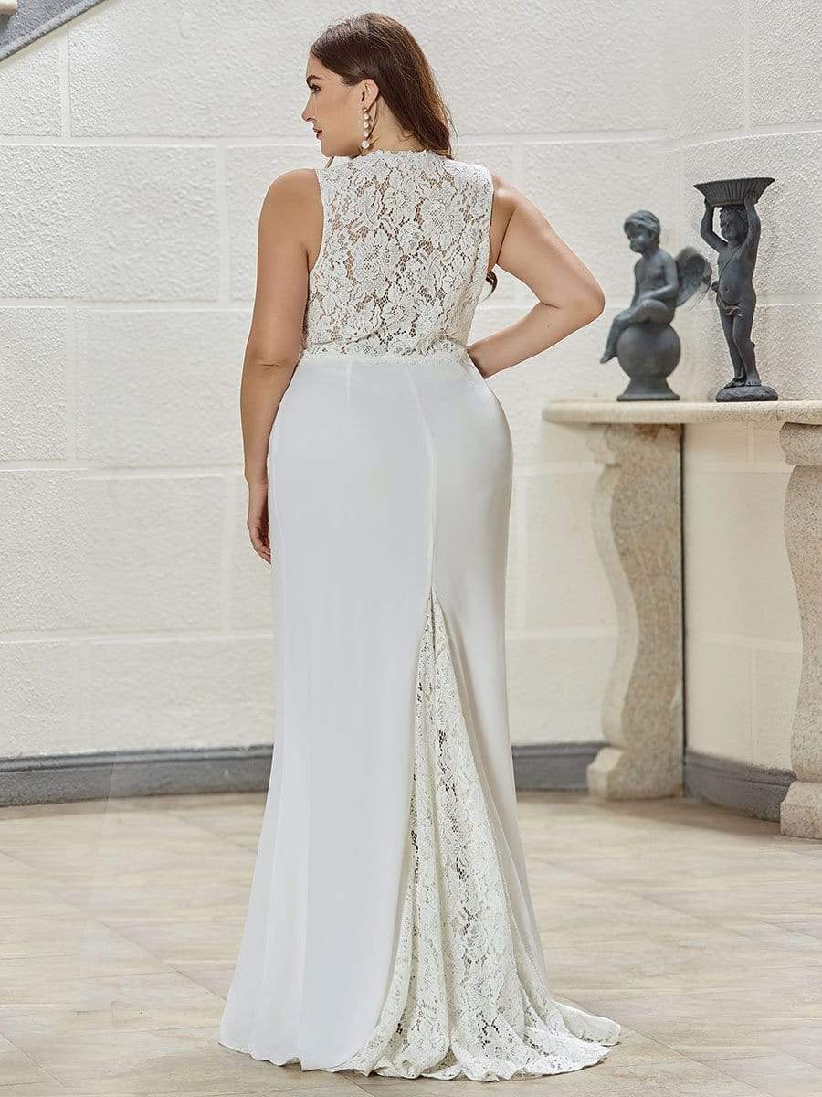 COLOR=Cream | V Neck Floor Length Fishtail Plus Size Wedding Dresses with Lace-Cream 2