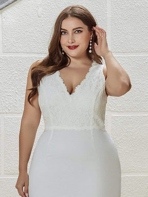 COLOR=Cream | V Neck Floor Length Fishtail Plus Size Wedding Dresses with Lace-Cream 5