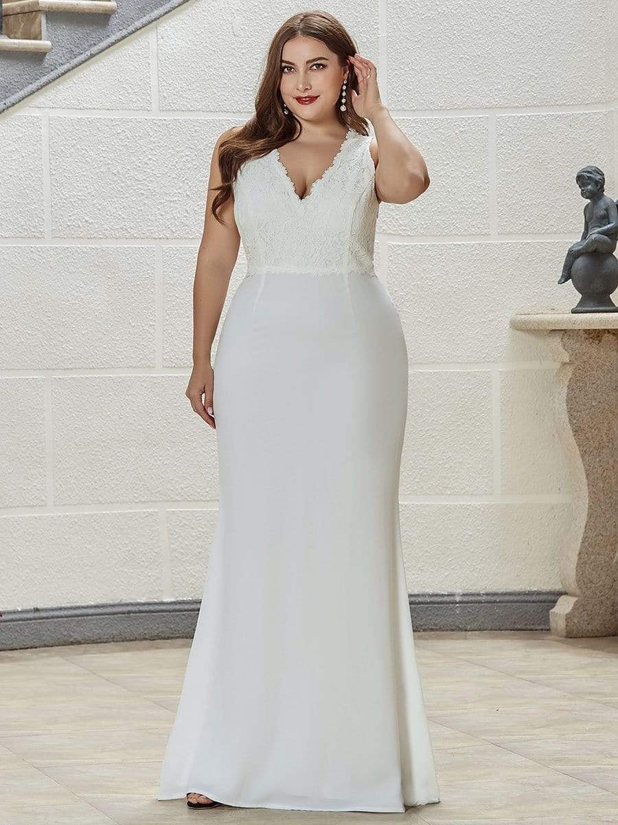 Color=Cream | V Neck Long Lace Wedding Dress-Cream 17