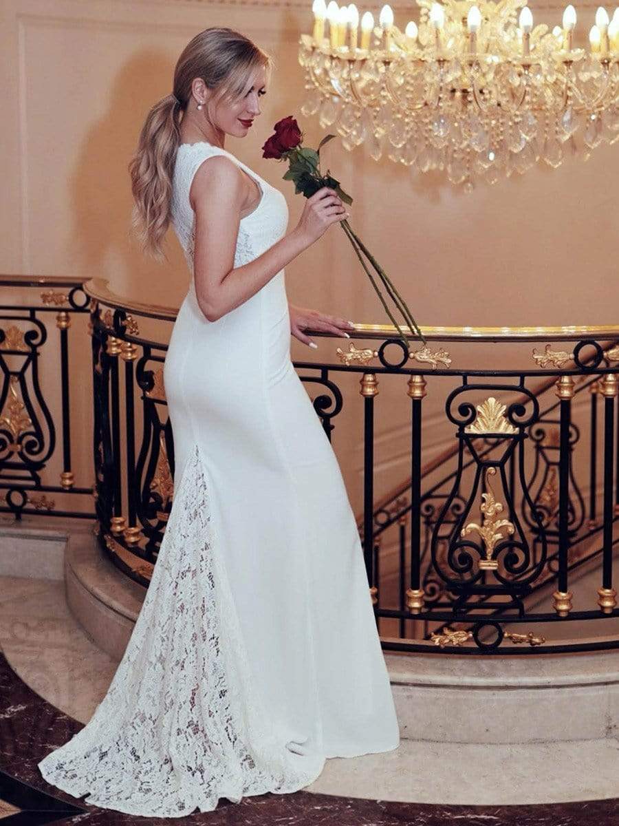 Color=Cream | V Neck Long Lace Wedding Dress-Cream 9