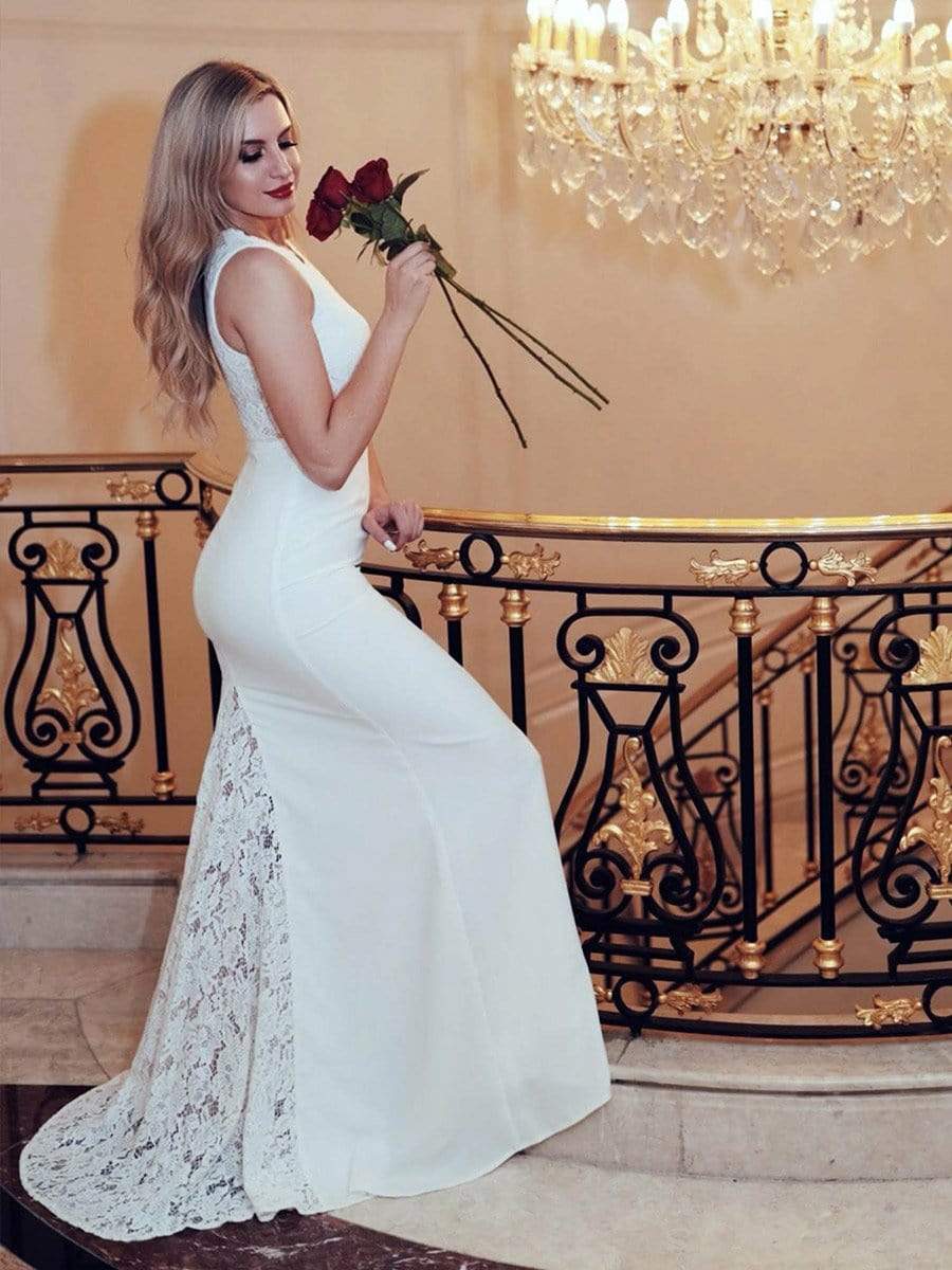 Color=Cream | V Neck Long Lace Wedding Dress-Cream 11