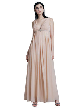 Color=Blush | V Neck Empire Waist Long Bridesmaid Dress-Blush 2