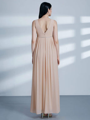 Color=Blush | V Neck Empire Waist Long Bridesmaid Dress-Blush 3