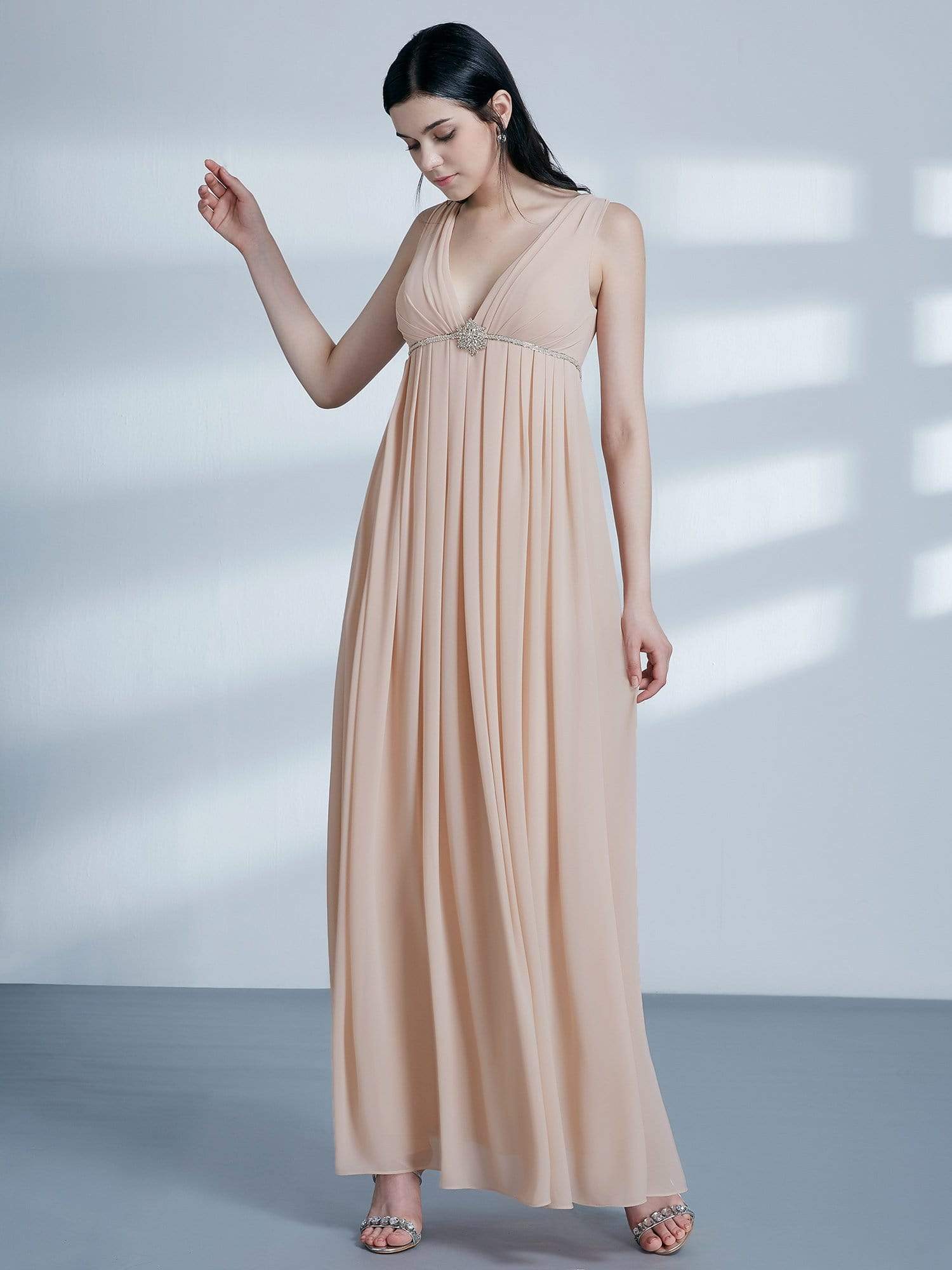 Color=Blush | V Neck Empire Waist Long Bridesmaid Dress-Blush 4