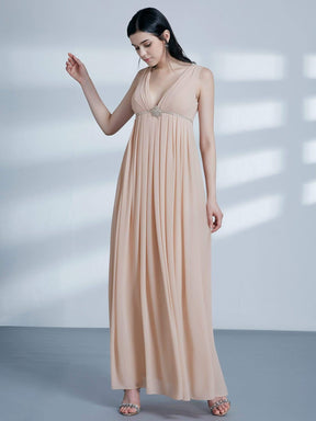 Color=Blush | V Neck Empire Waist Long Bridesmaid Dress-Blush 4