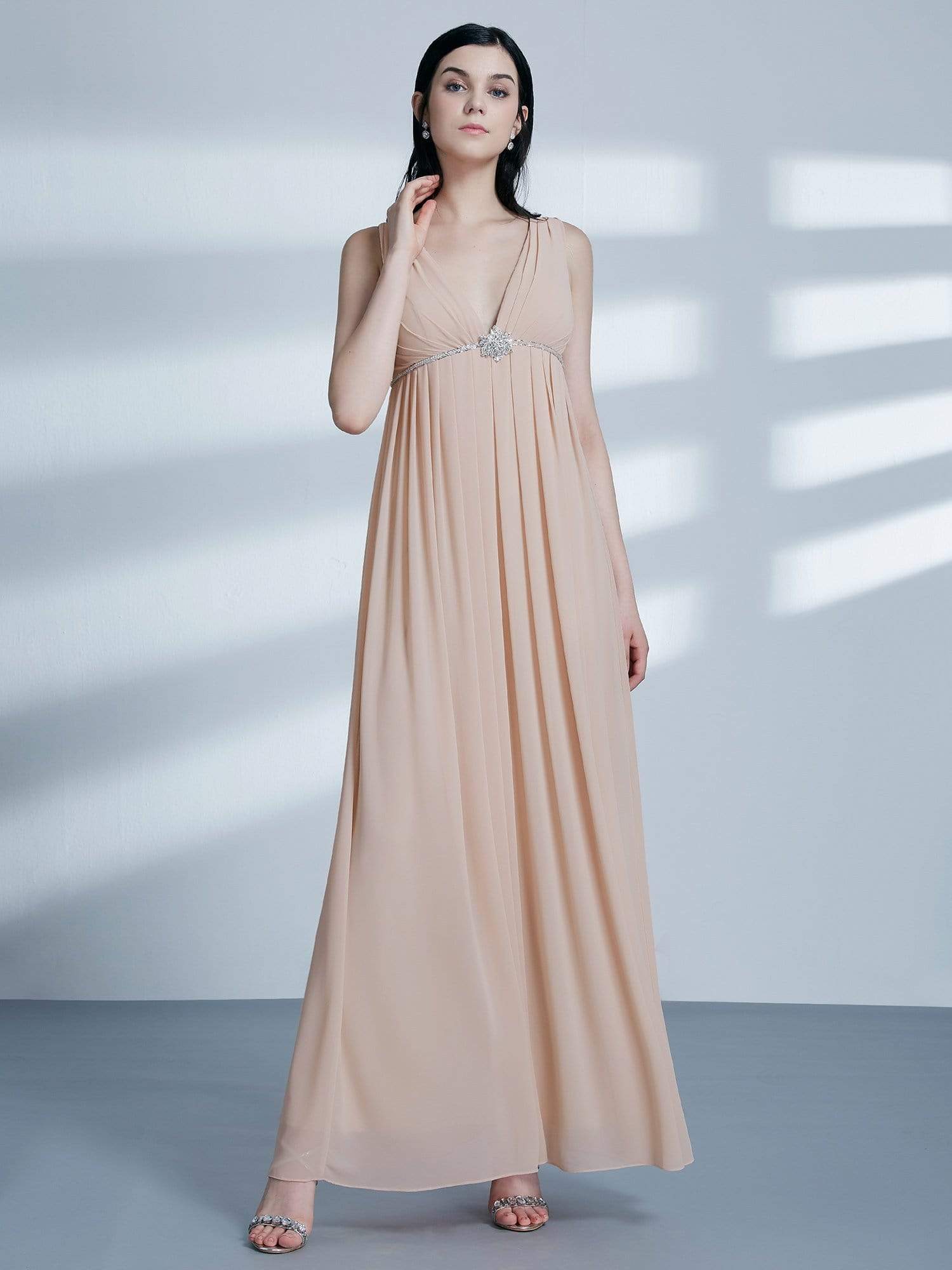 Color=Blush | V Neck Empire Waist Long Bridesmaid Dress-Blush 5