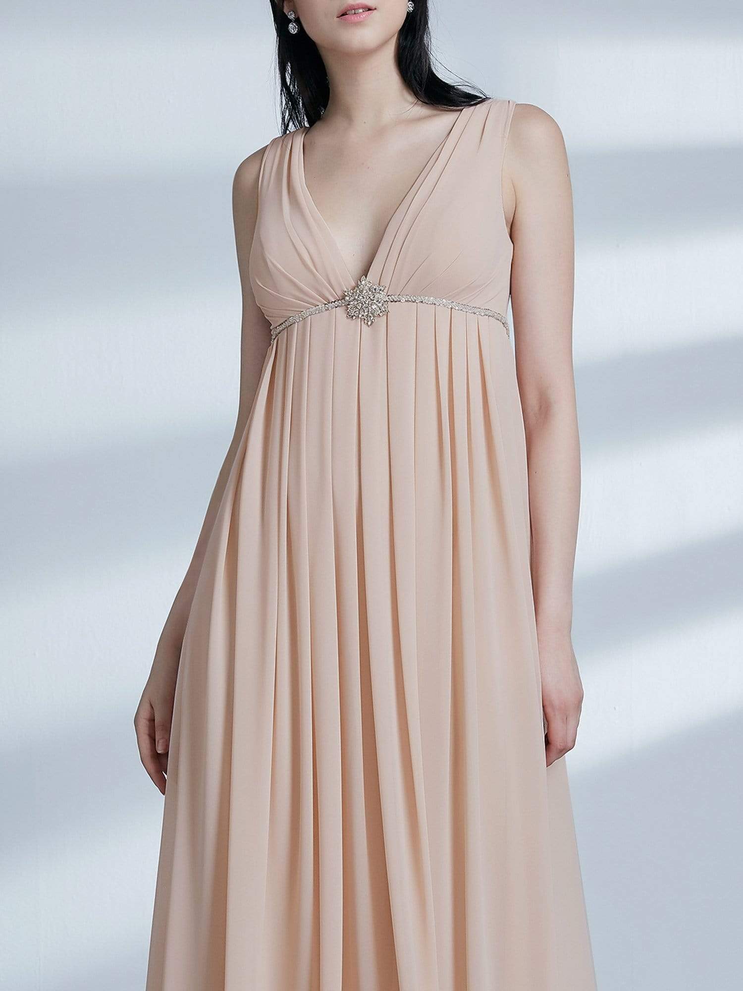 Color=Blush | V Neck Empire Waist Long Bridesmaid Dress-Blush 6