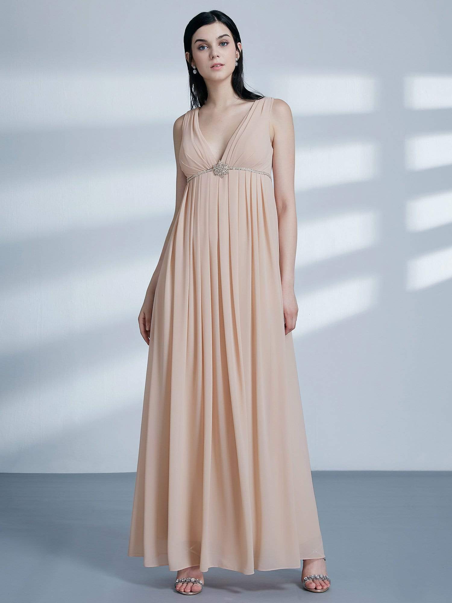 Color=Blush | V Neck Empire Waist Long Bridesmaid Dress-Blush 1