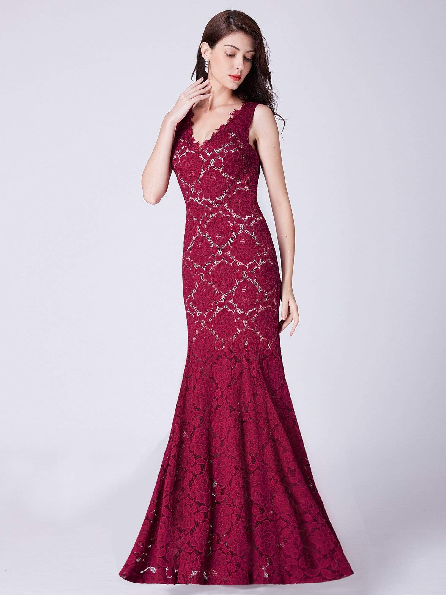 Color=Burgundy | Floor Length Lace Mermaid Evening Gown-Burgundy 5