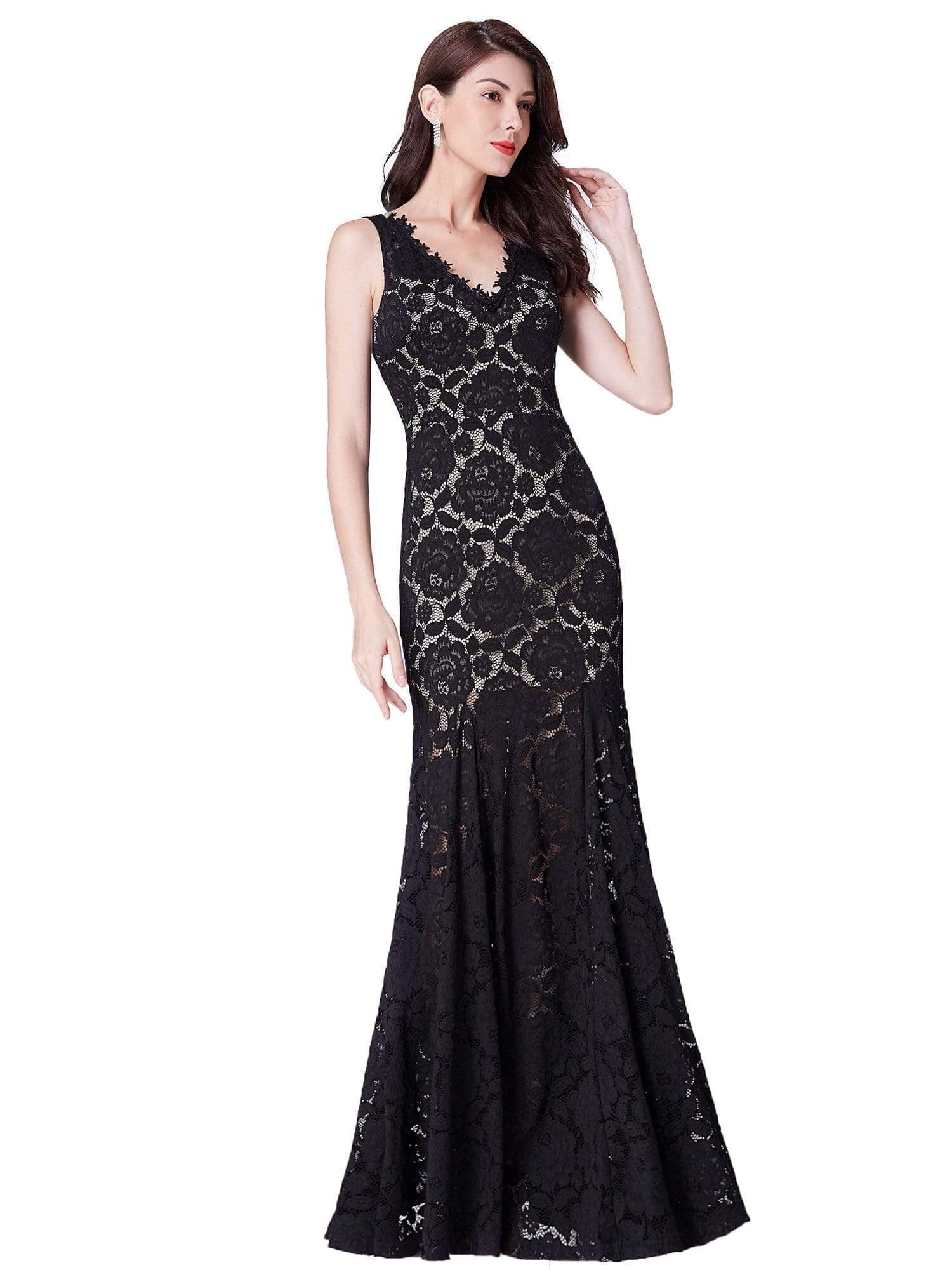 Color=Black | Floor Length Lace Mermaid Evening Gown-Black 2