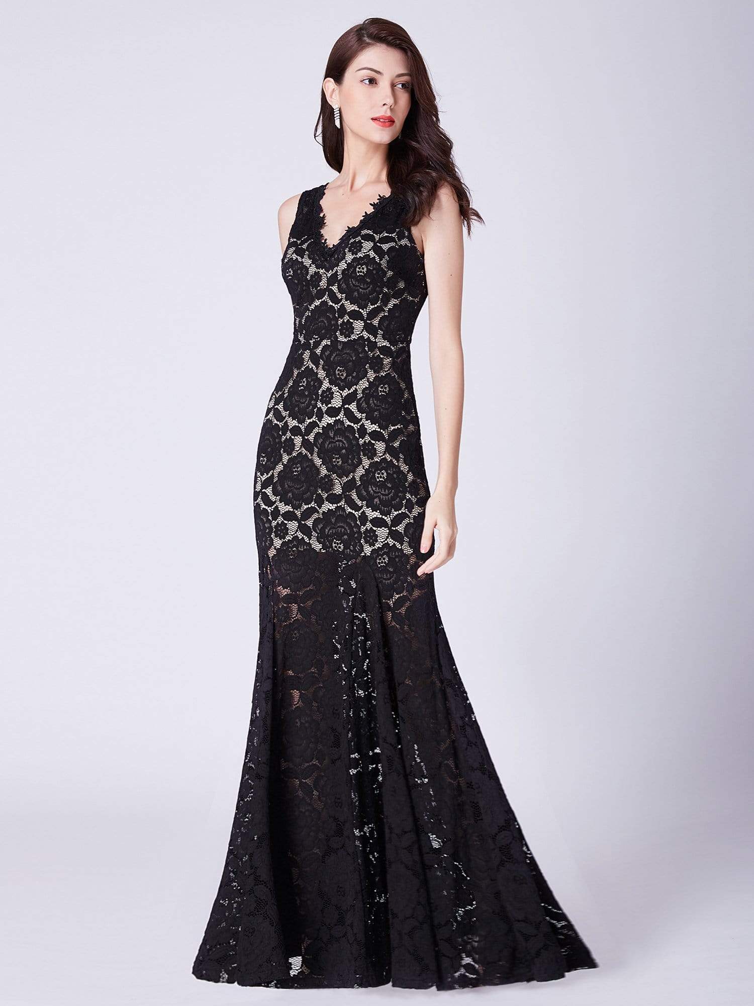 Color=Black | Floor Length Lace Mermaid Evening Gown-Black 4