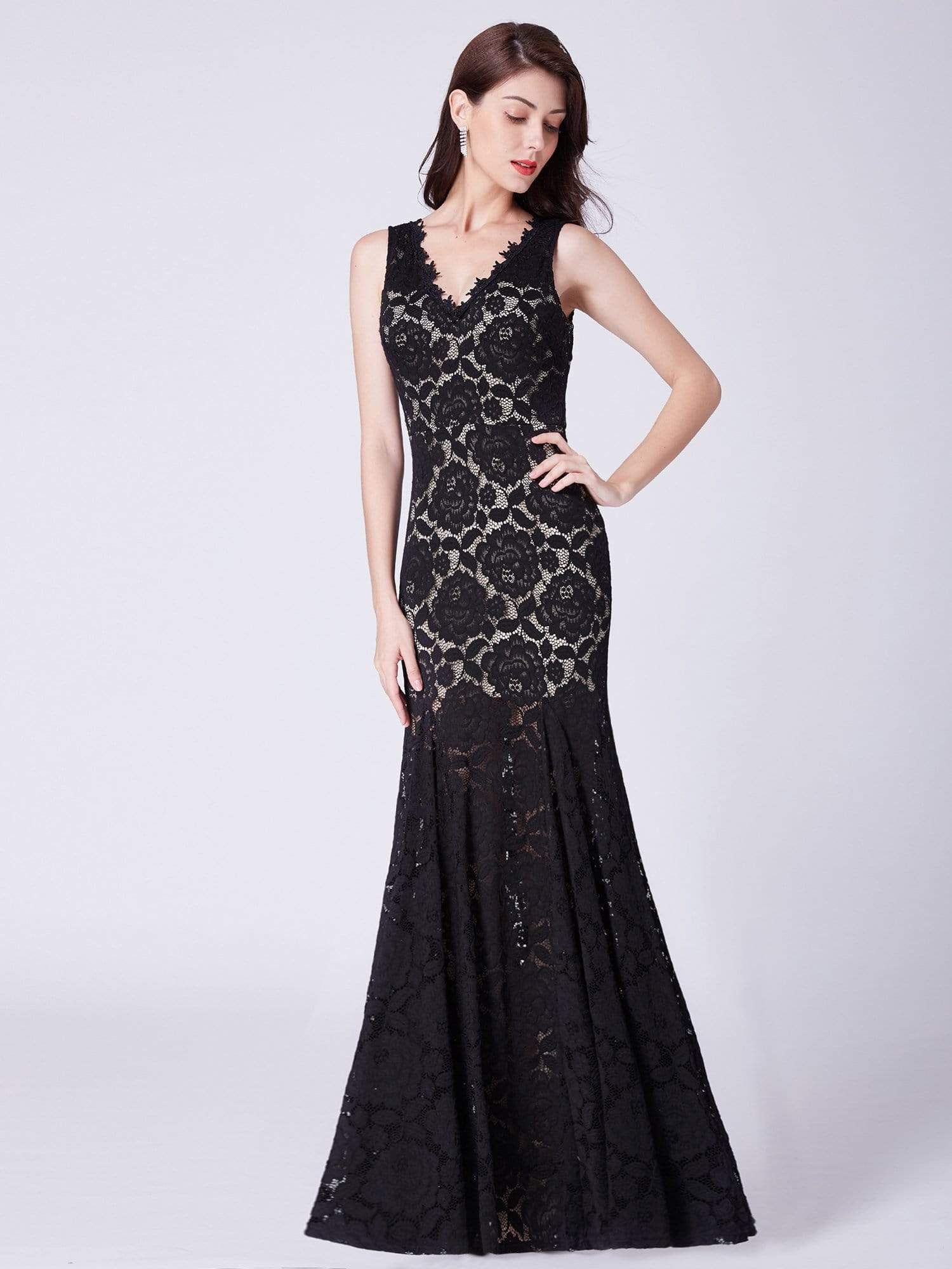 Color=Black | Floor Length Lace Mermaid Evening Gown-Black 5