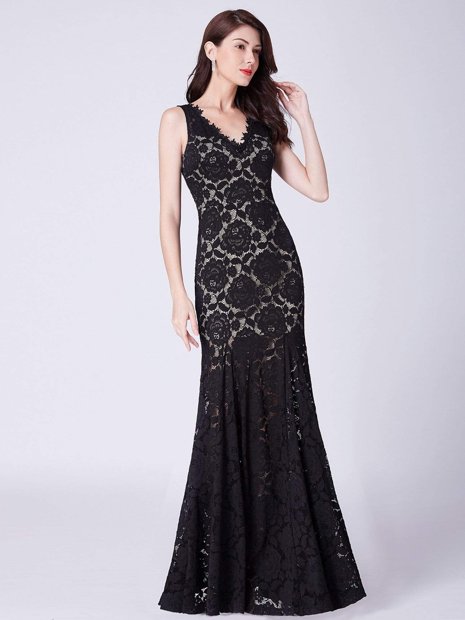 Color=Black | Floor Length Lace Mermaid Evening Gown-Black 1