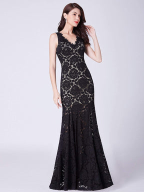 Color=Black | Floor Length Lace Mermaid Evening Gown-Black 1