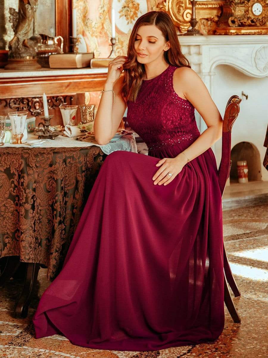 COLOR=Burgundy | Empire Waist Sleeveless Maxi Long A Line Lace Evening Dresses-Burgundy 2