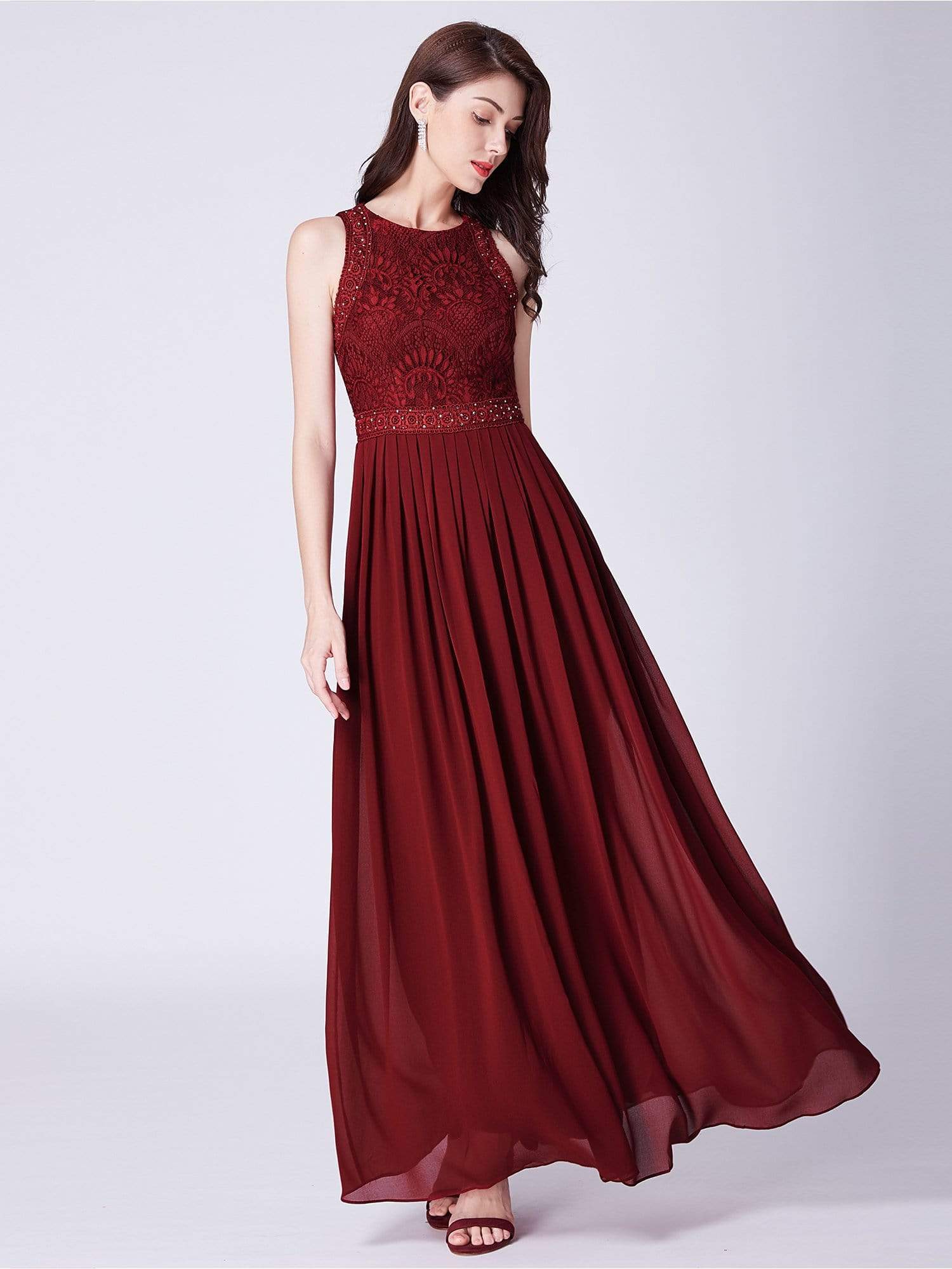 Color=Burgundy | Sleeveless High Collar Long A Line Evening Dress-Burgundy 6