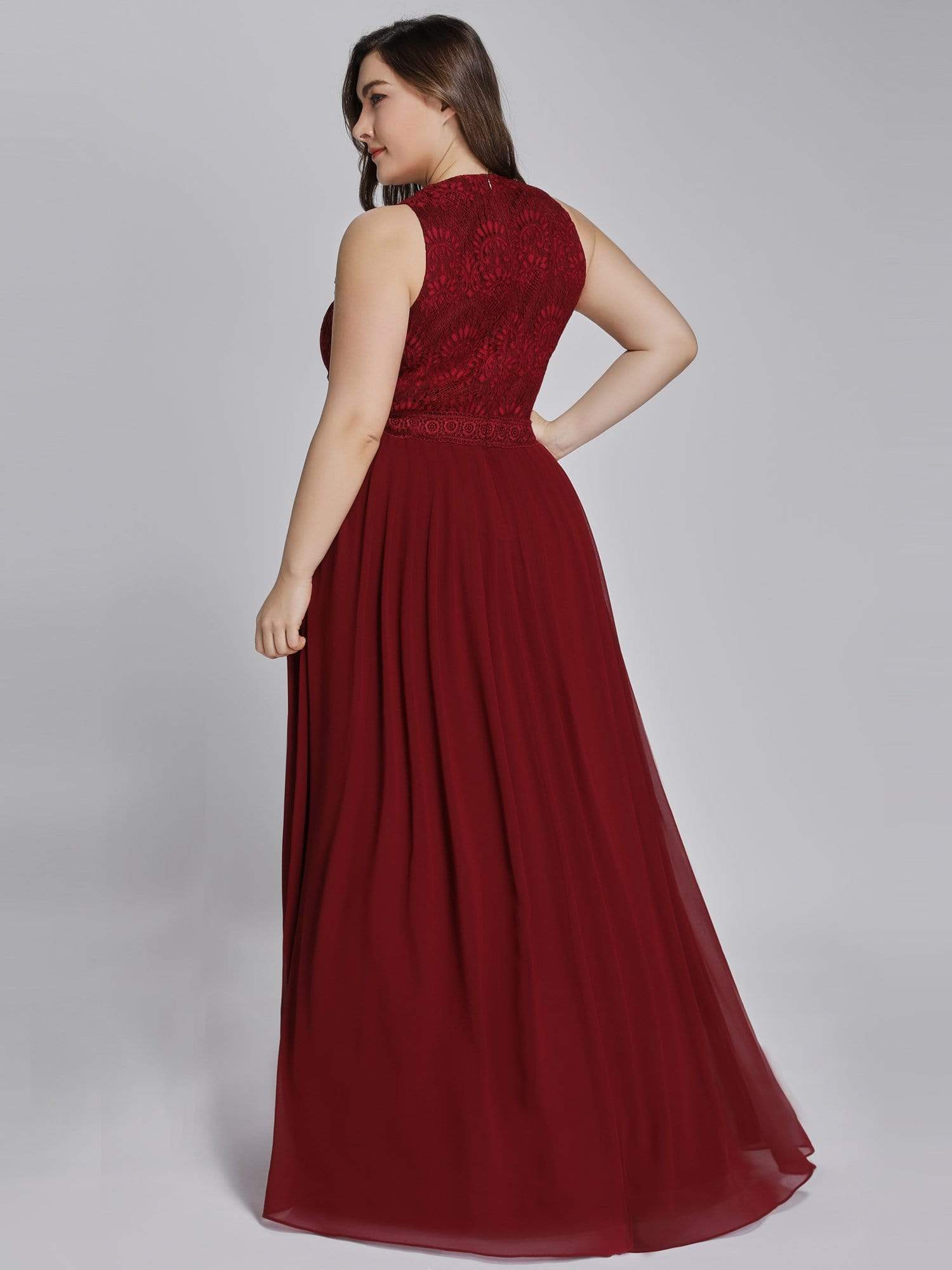 Color=Burgundy | Sleeveless High Collar Long A Line Evening Dress-Burgundy 10