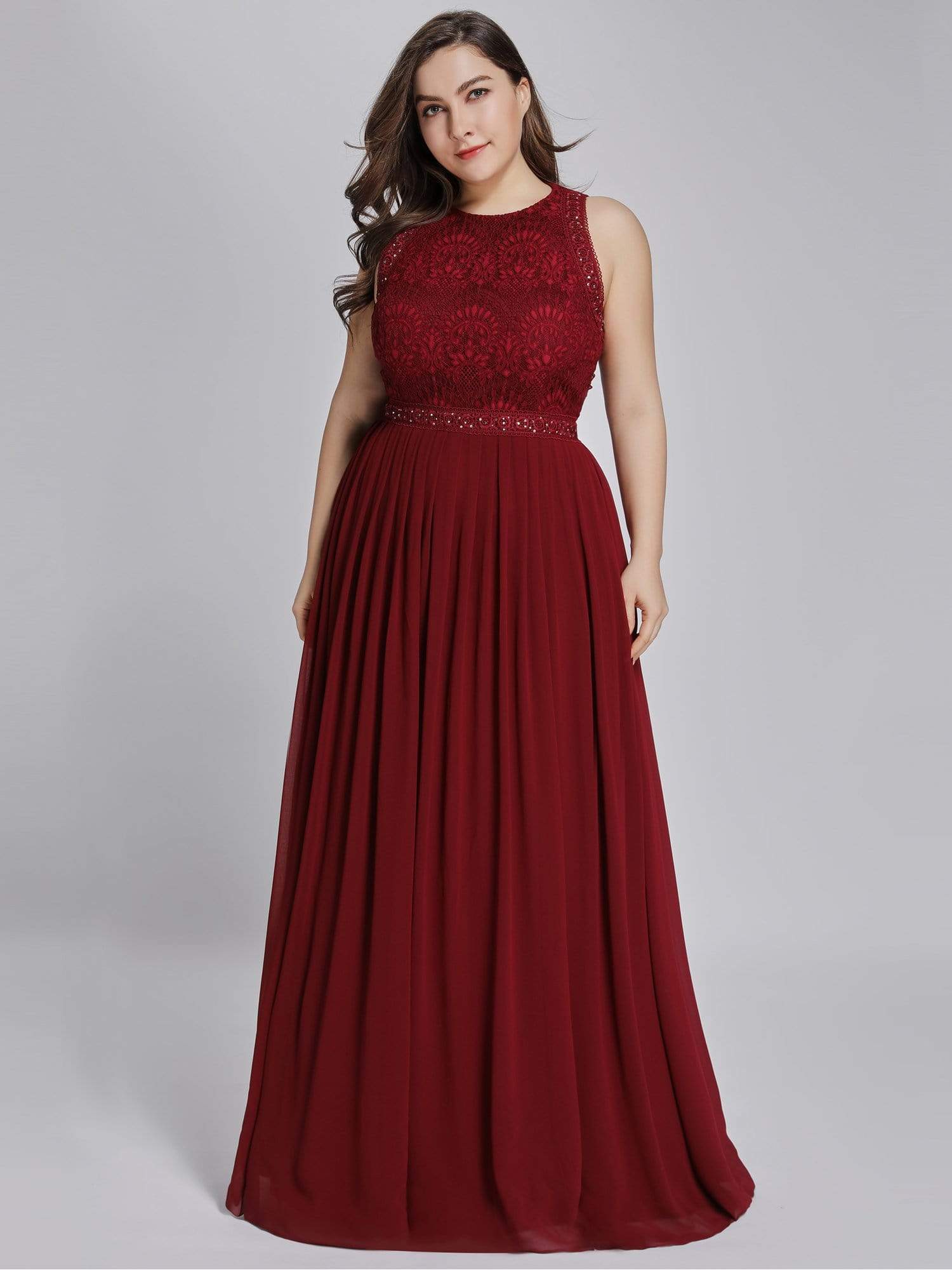 Color=Burgundy | Sleeveless High Collar Long A Line Evening Dress-Burgundy 9