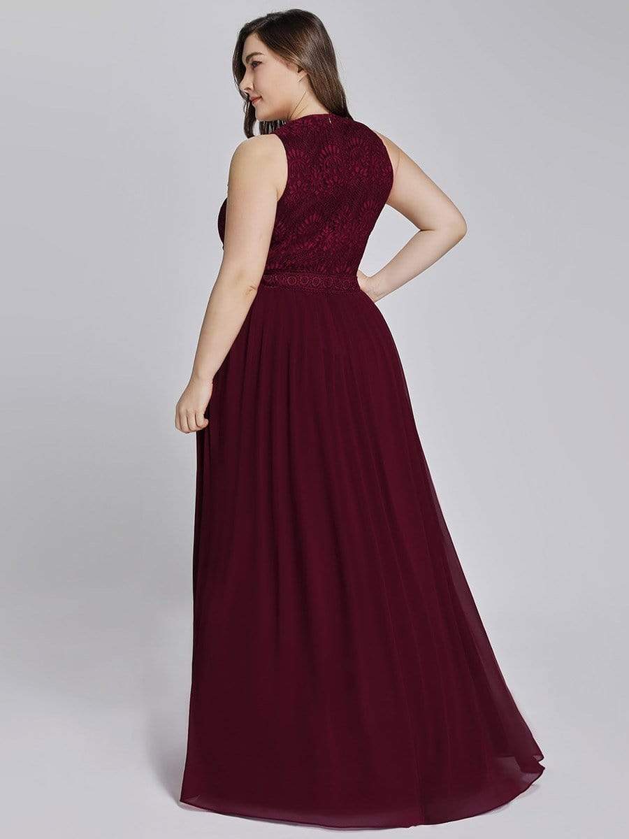 COLOR=Burgundy | Sleeveless Maxi Long A Line Plus Size Lace Evening Dresses-Burgundy 5