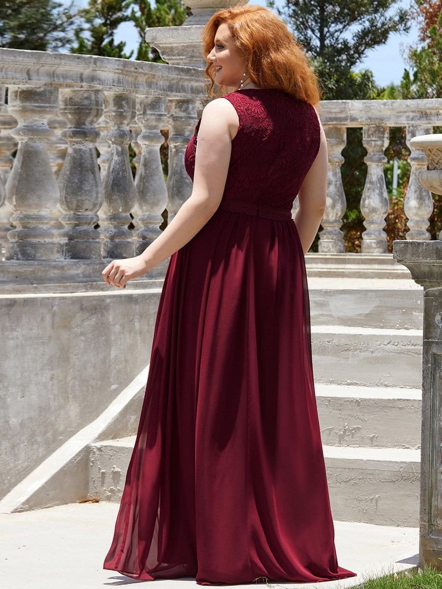 COLOR=Burgundy | Sleeveless Maxi Long A Line Plus Size Lace Evening Dresses-Burgundy 2