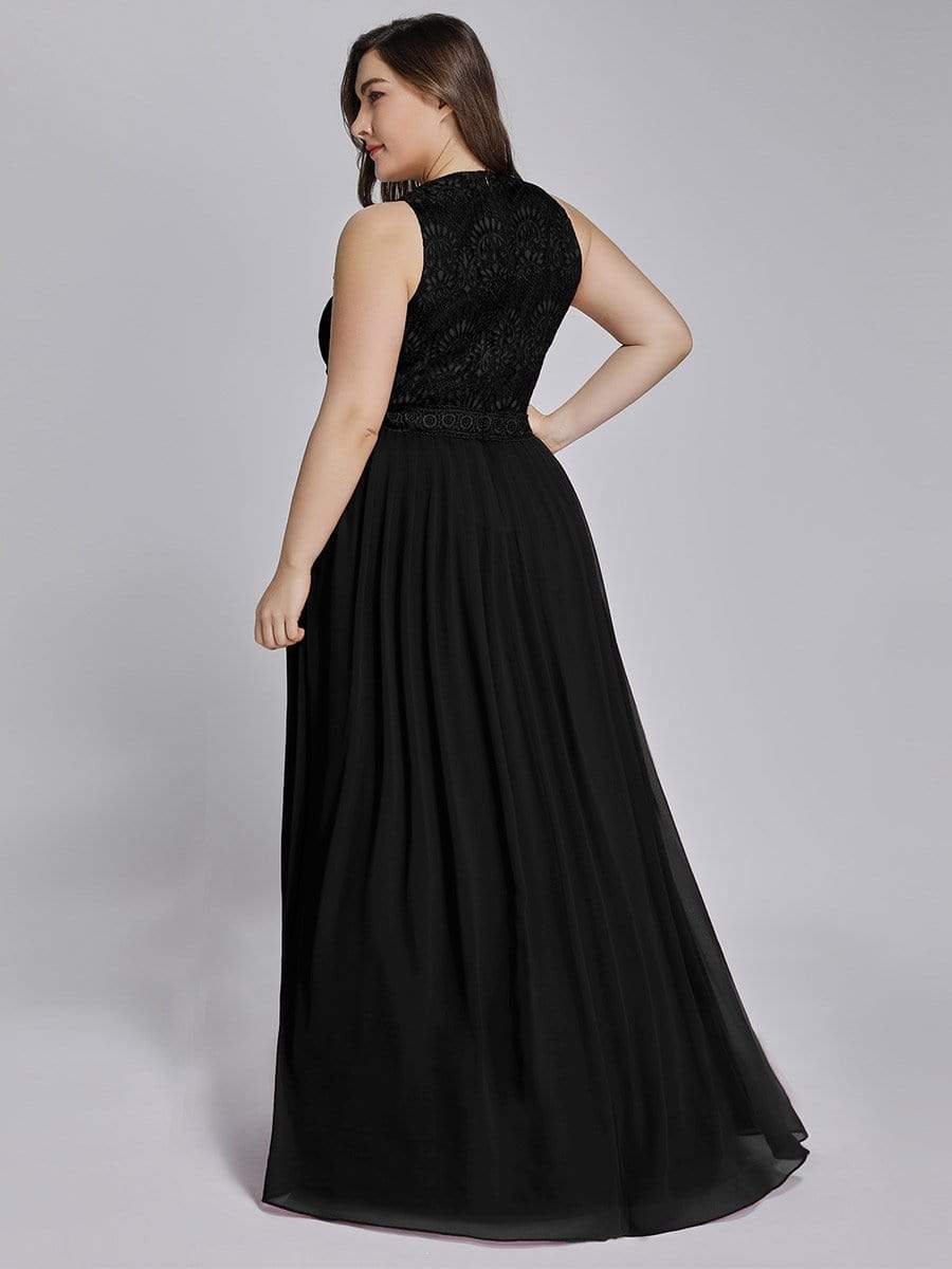 Color=Black | Sleeveless High Collar Long A Line Evening Dress-Black 5