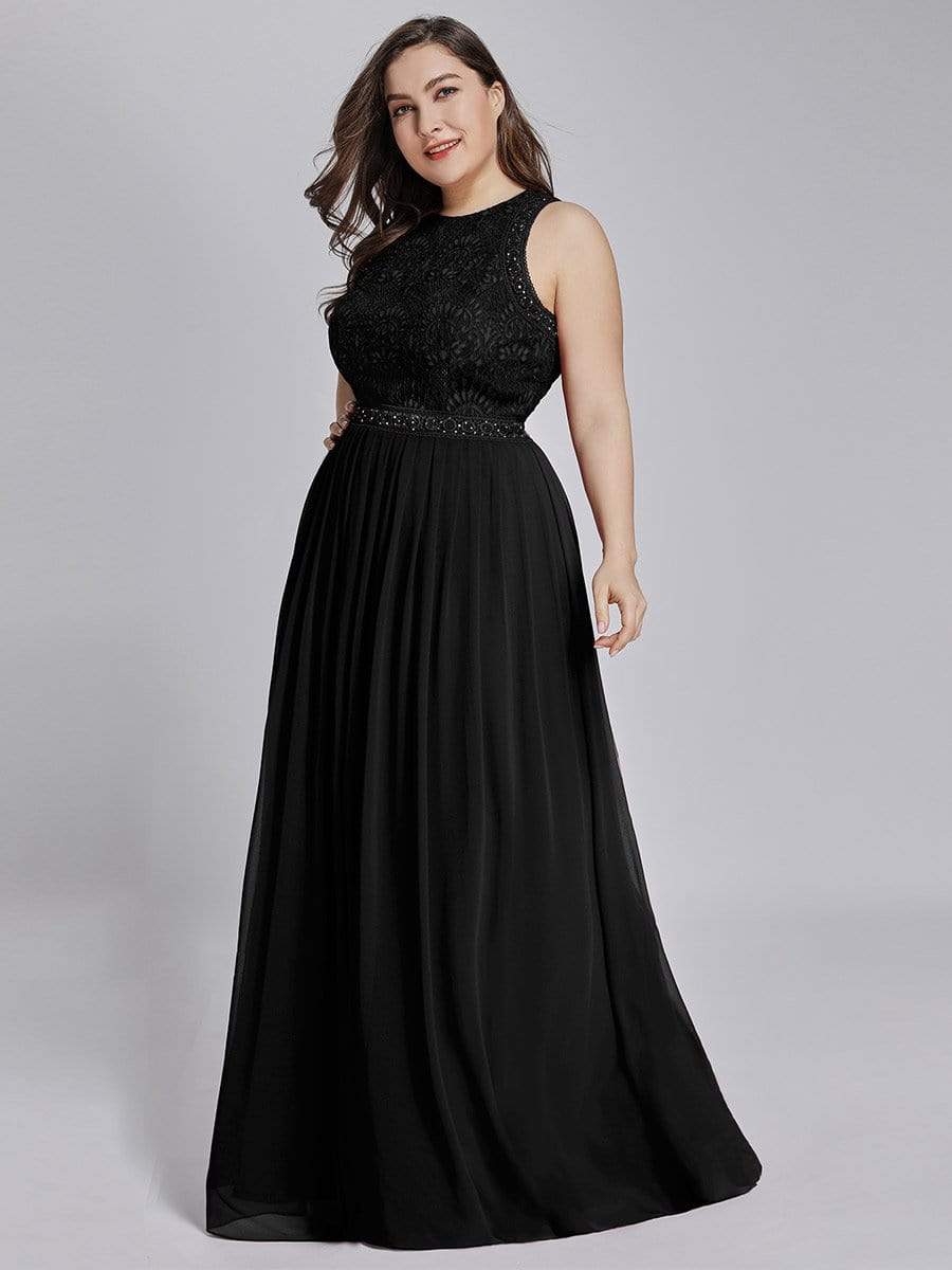 COLOR=Black | Sleeveless Maxi Long A Line Plus Size Lace Evening Dresses-Black 4