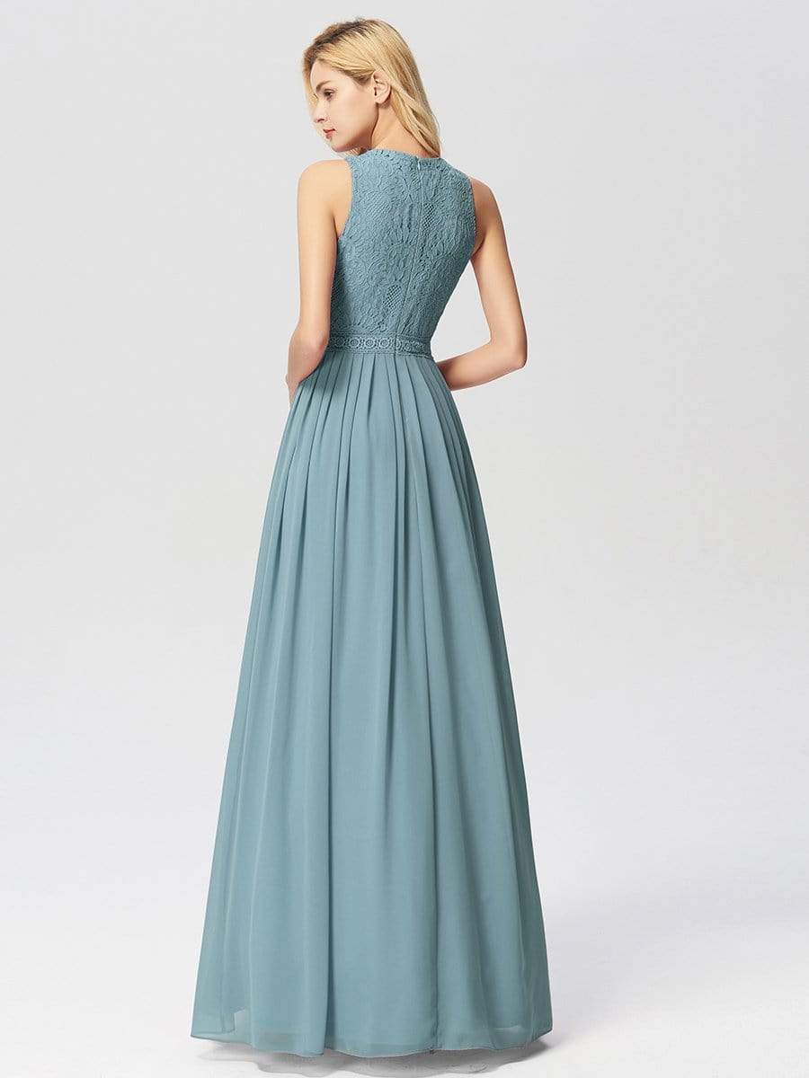 Color=Dusty Blue | Sleeveless High Collar Long A Line Evening Dress-Dusty Blue 2