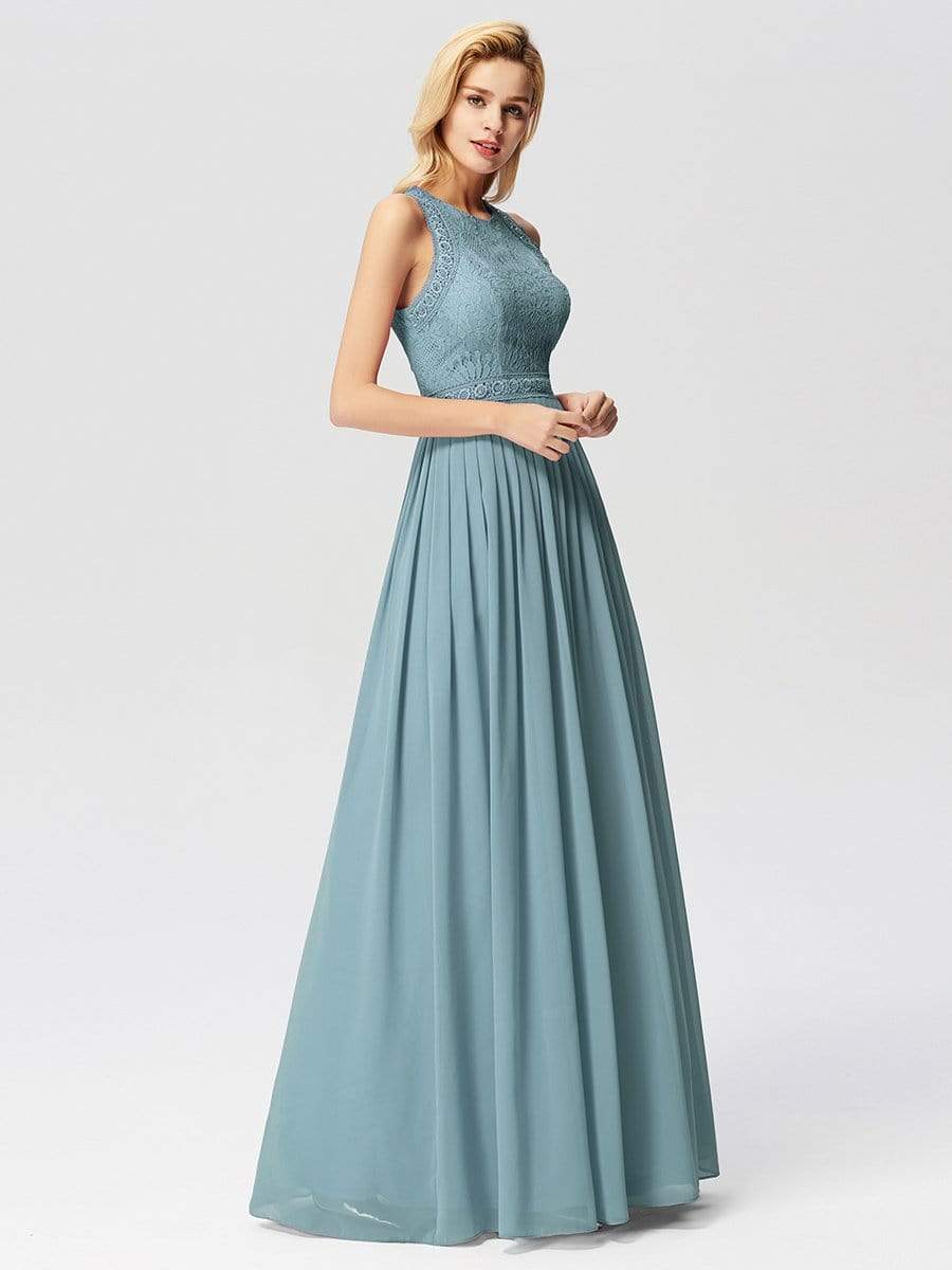 Color=Dusty Blue | Sleeveless High Collar Long A Line Evening Dress-Dusty Blue 4