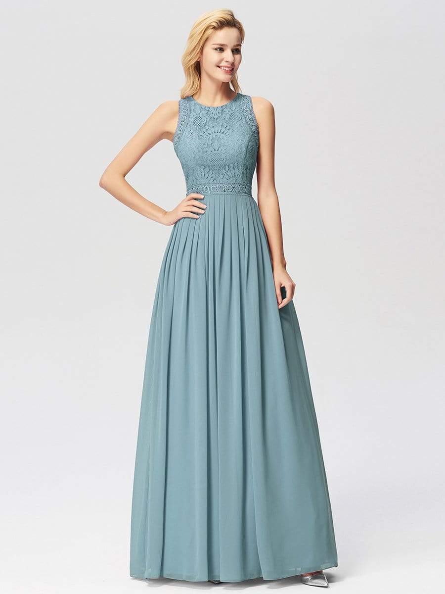 Color=Dusty Blue | Sleeveless High Collar Long A Line Evening Dress-Dusty Blue 5