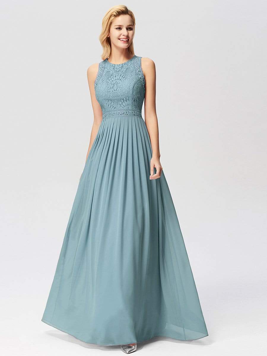 Color=Dusty Blue | Sleeveless High Collar Long A Line Evening Dress-Dusty Blue 1