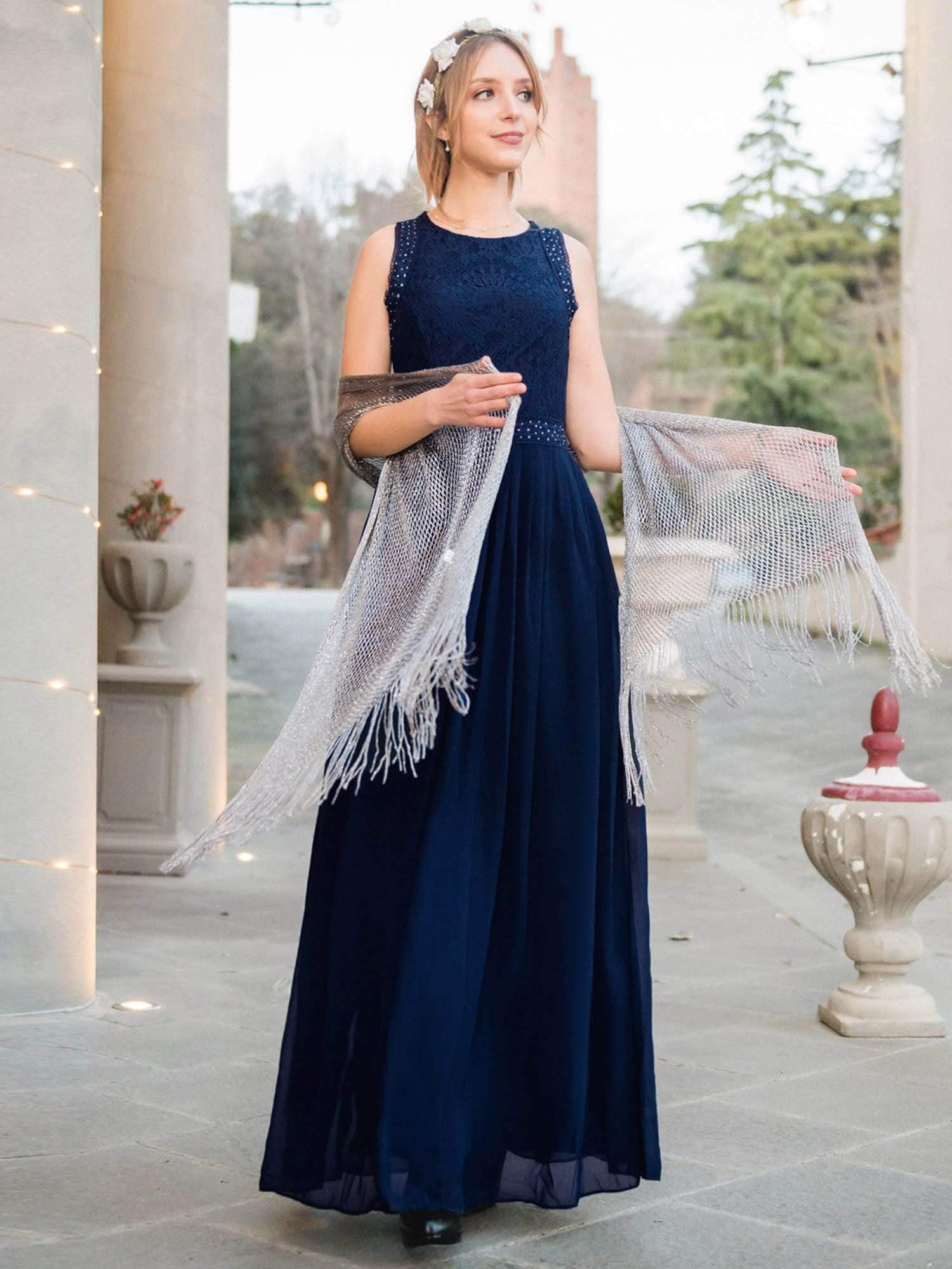 Color=Navy Blue | Sleeveless High Collar Long A Line Evening Dress-Navy Blue 2