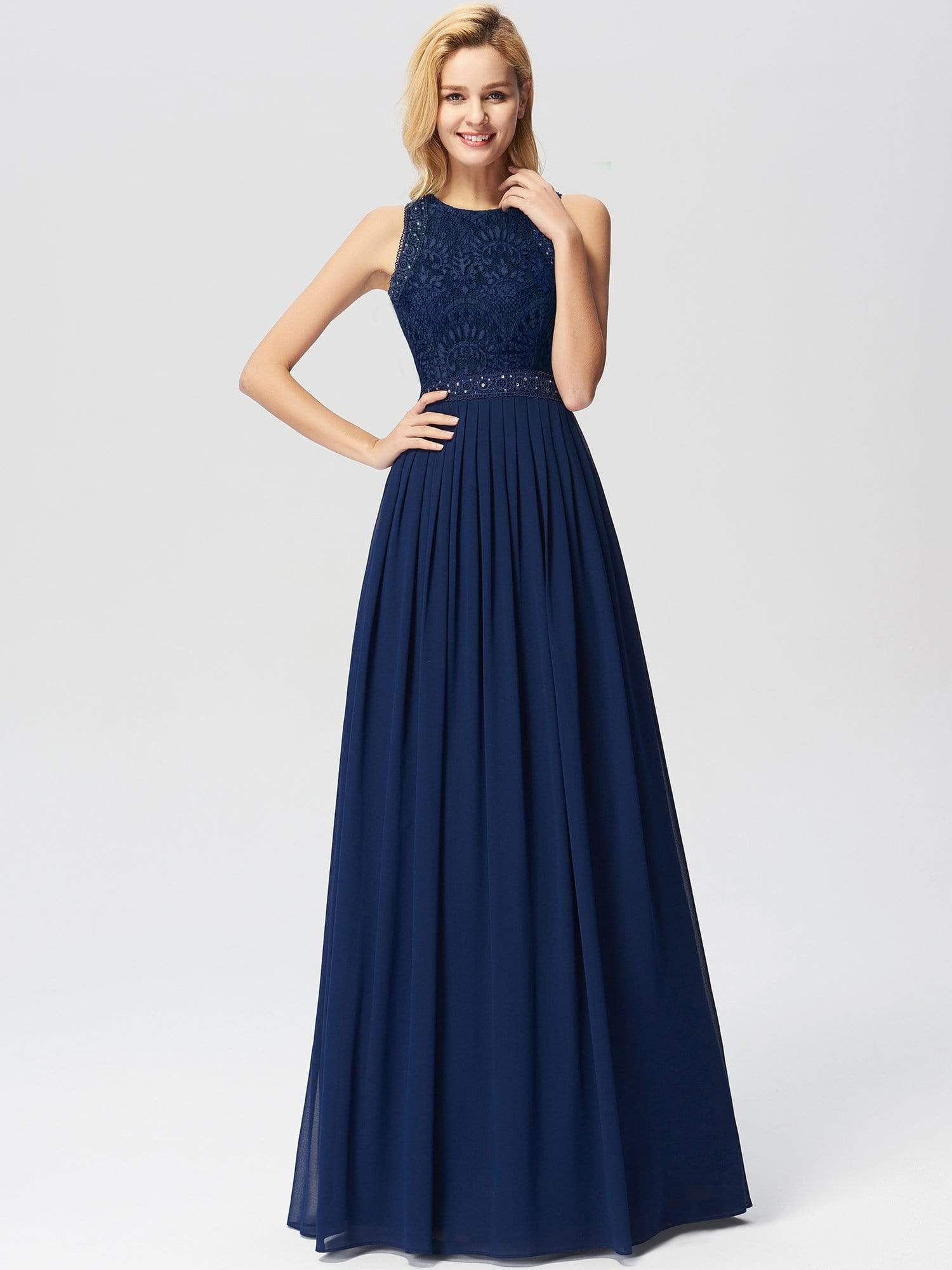 Color=Navy Blue | Sleeveless High Collar Long A Line Evening Dress-Navy Blue 4