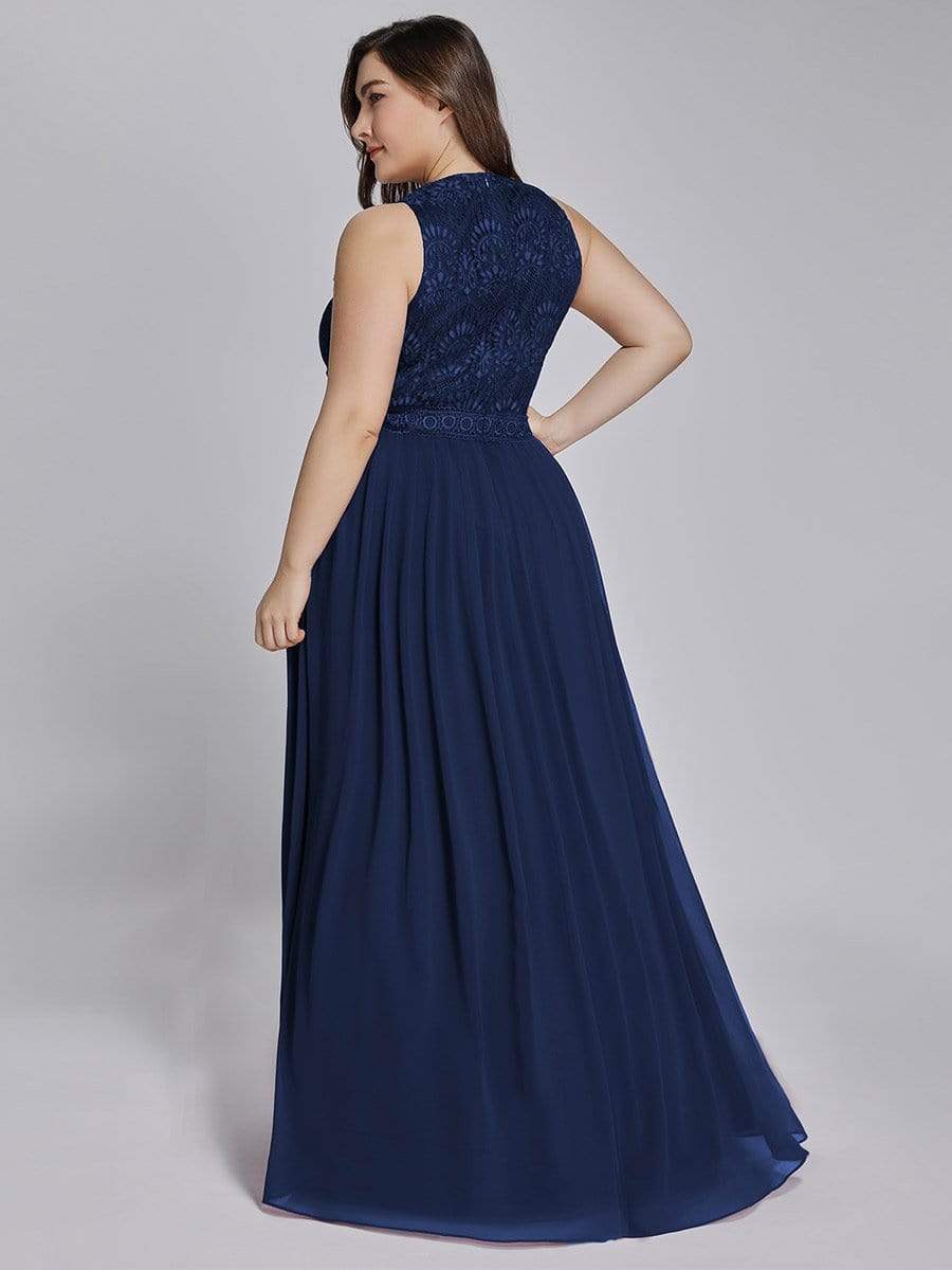 COLOR=Navy Blue | Sleeveless Maxi Long A Line Plus Size Lace Evening Dresses-Navy Blue 2
