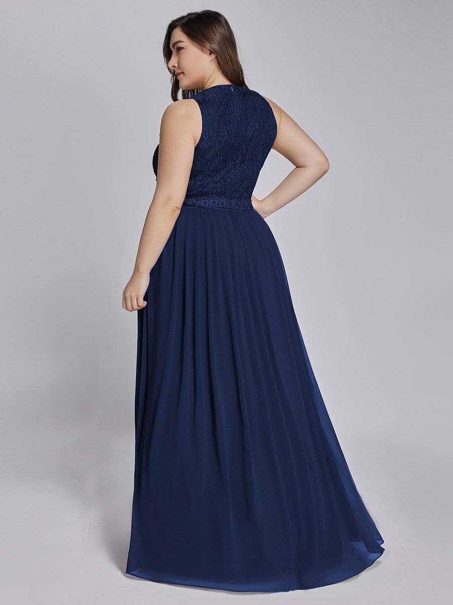 Color=Navy Blue | Sleeveless High Collar Long A Line Evening Dress-Navy Blue 10