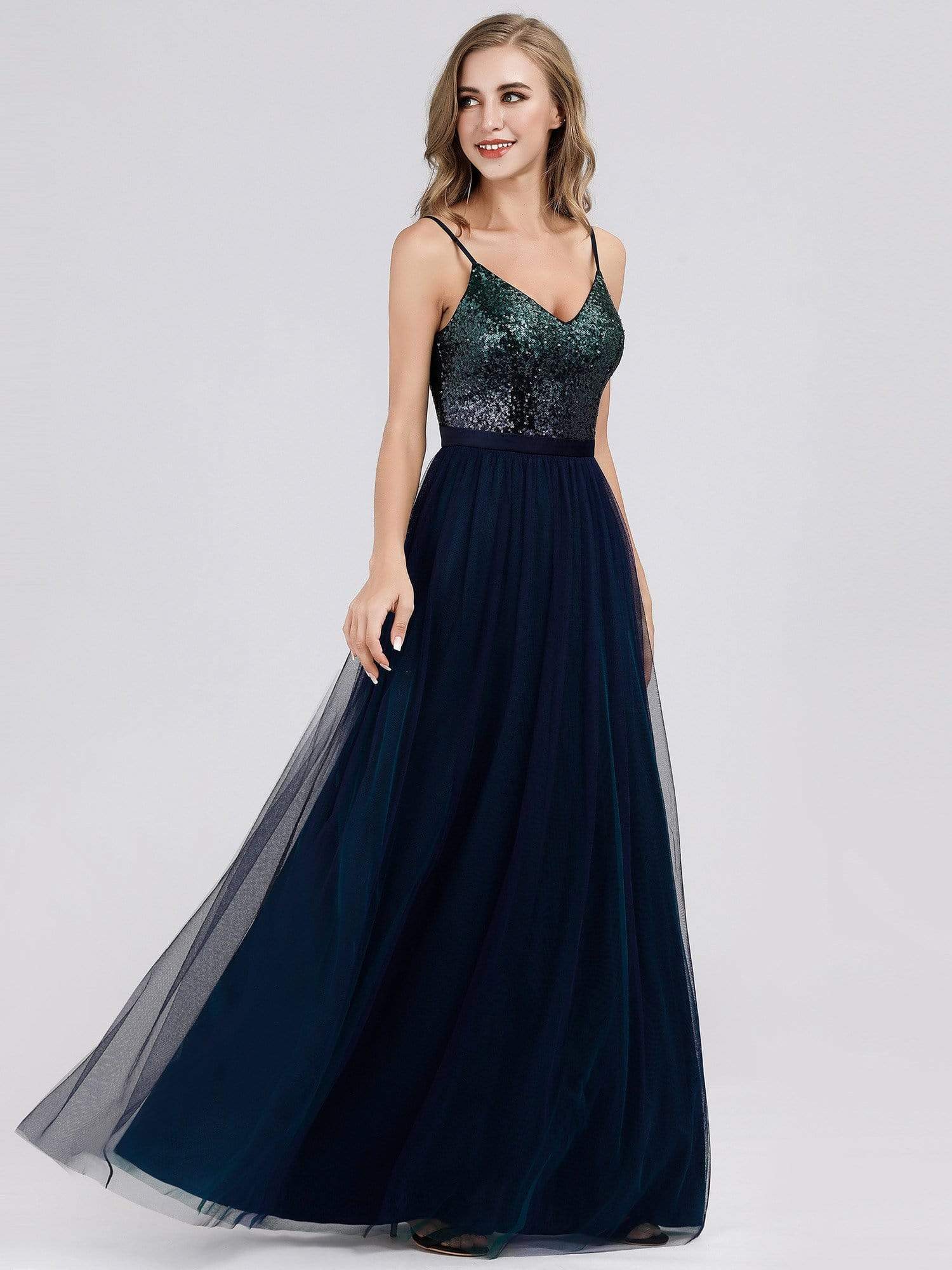Color=Navy Blue | Long Prom Dress With Sequin Bust-Navy Blue 2