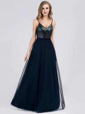 Color=Navy Blue | Long Prom Dress With Sequin Bust-Navy Blue 3