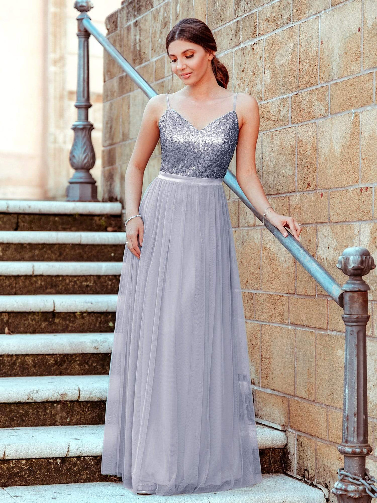 Color=Silver | Long Prom Dress With Sequin Bust-Silver 2