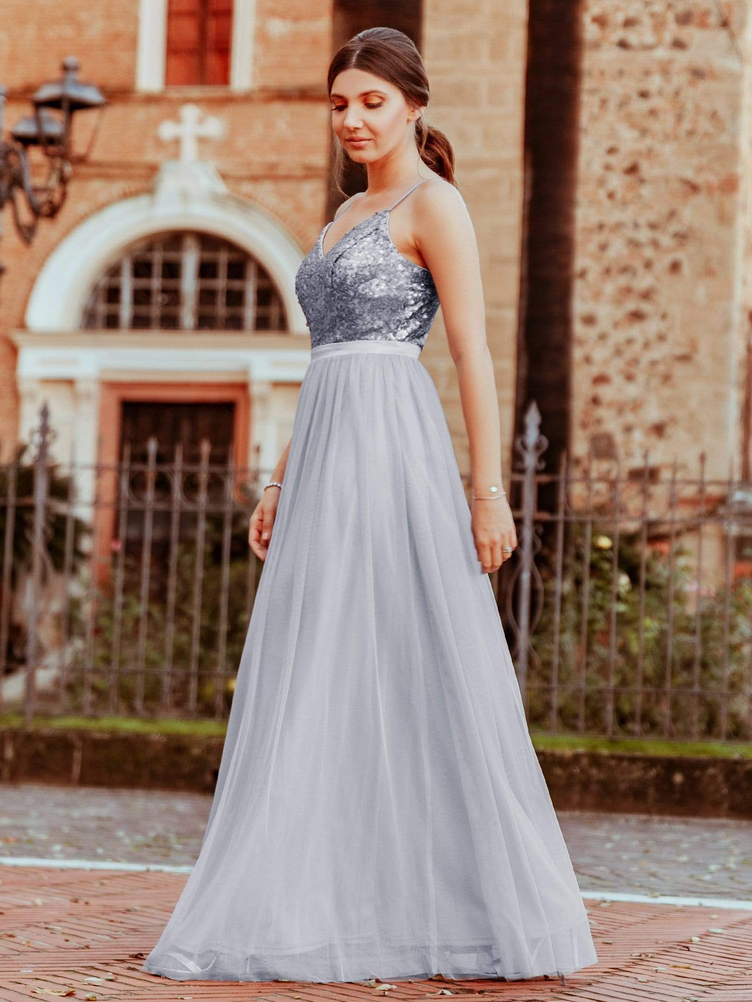 Silver spaghetti strap prom sales dress