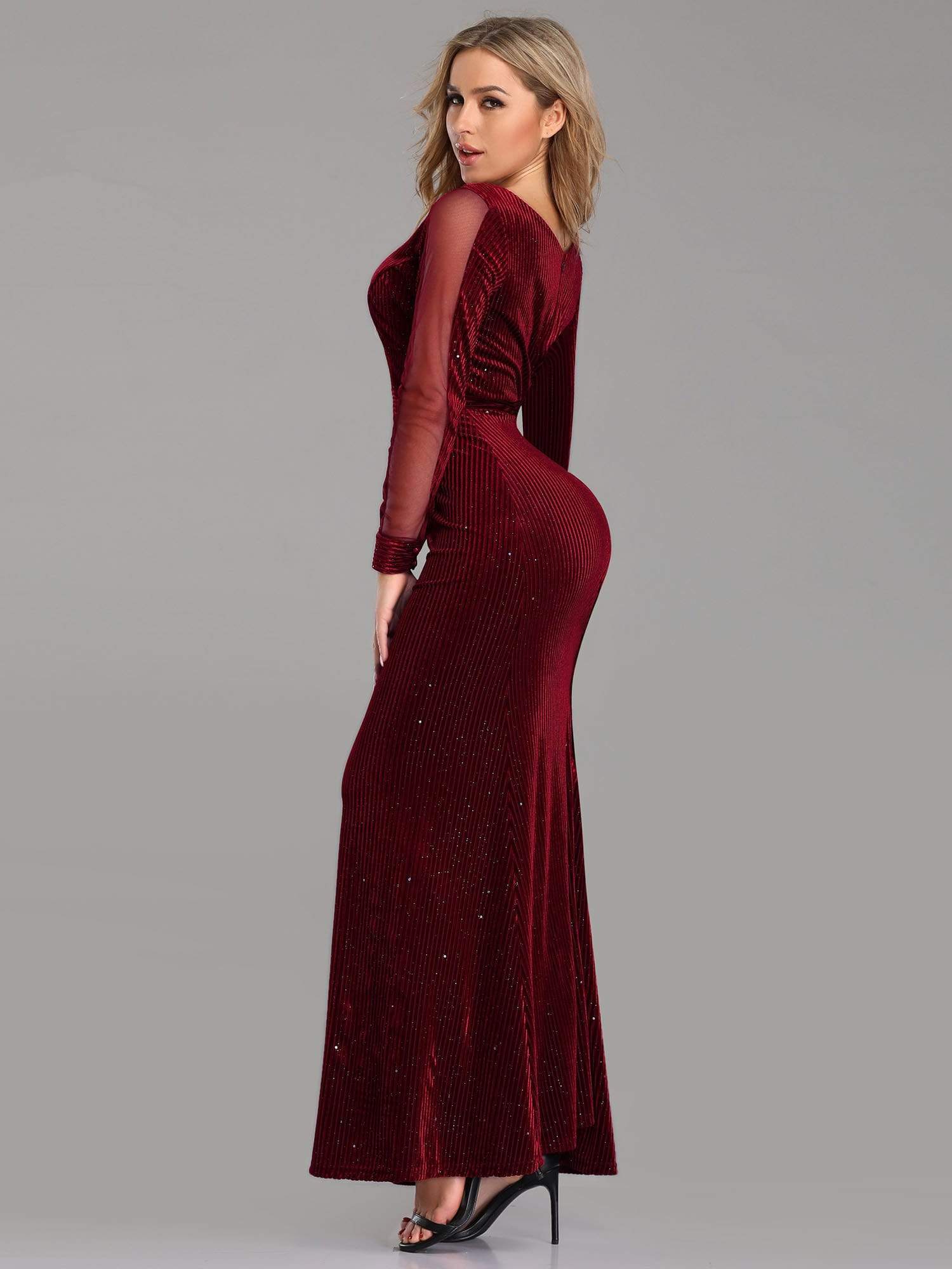 COLOR=Burgundy | Shimmery Evening Dress With Long Sleeves-Burgundy 2