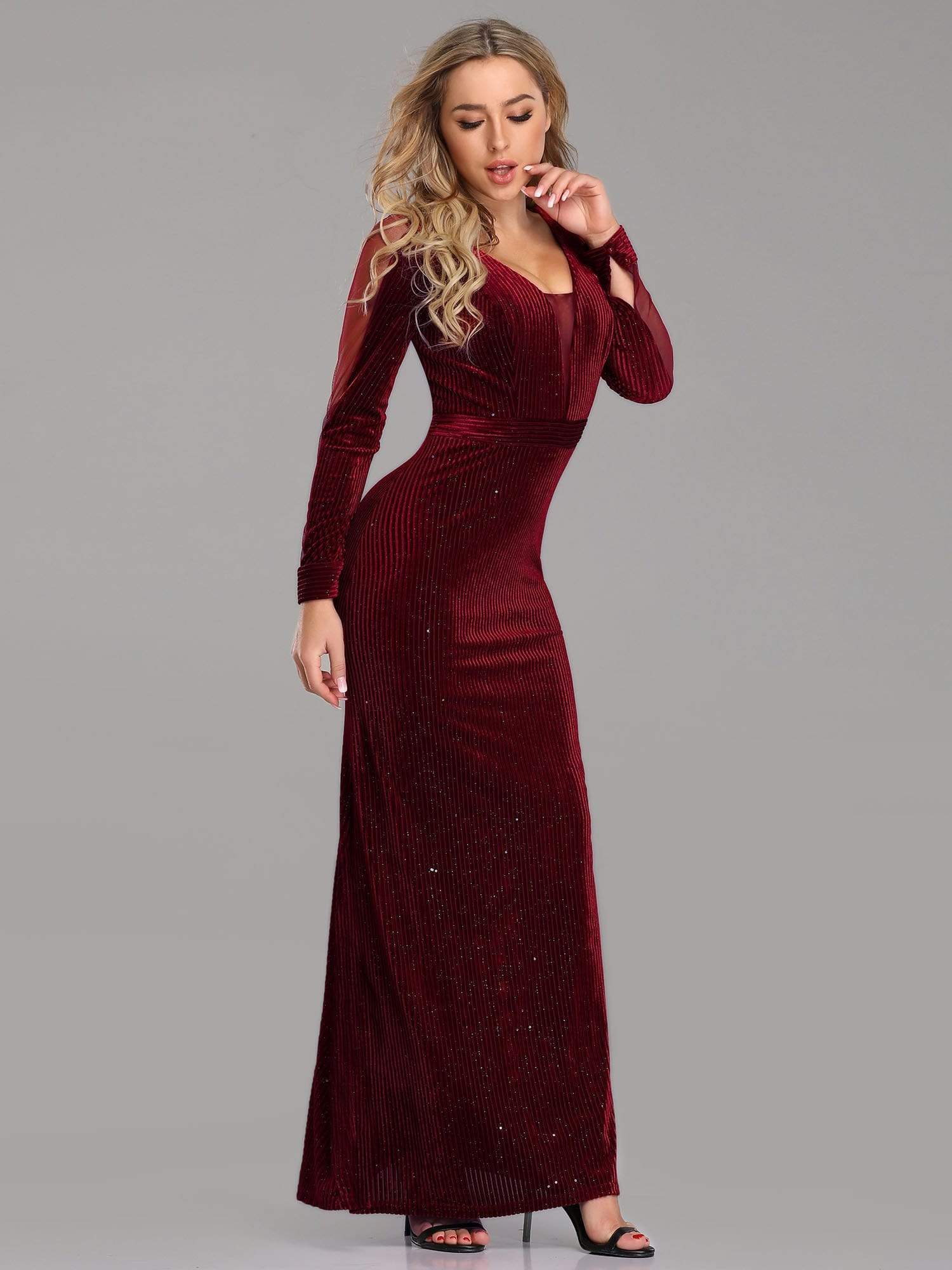 COLOR=Burgundy | Shimmery Evening Dress With Long Sleeves-Burgundy 3