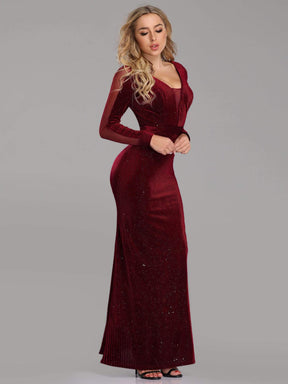 COLOR=Burgundy | Shimmery Evening Dress With Long Sleeves-Burgundy 4