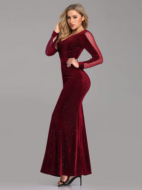 COLOR=Burgundy | Shimmery Evening Dress With Long Sleeves-Burgundy 1