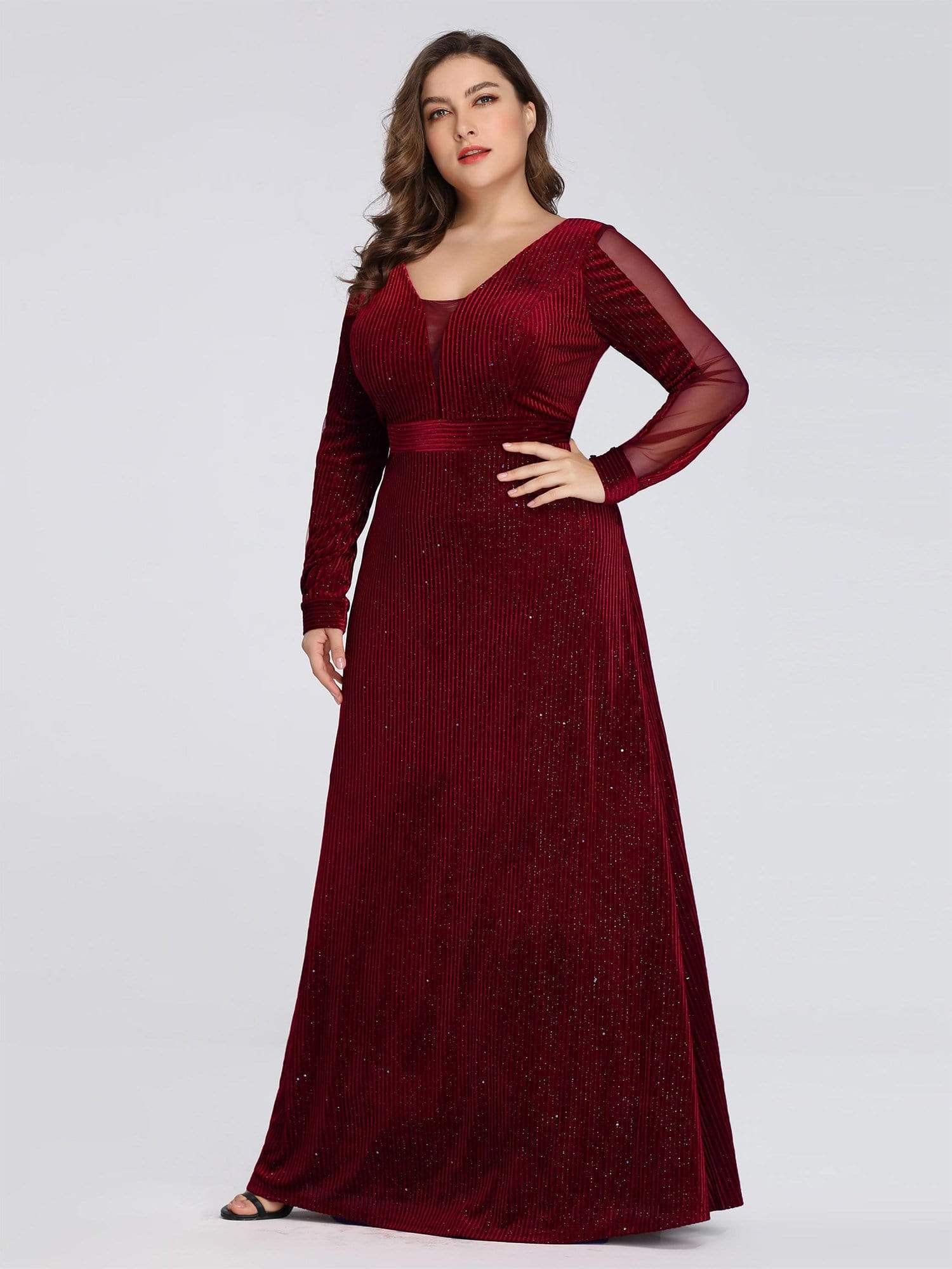 COLOR=Burgundy | Shimmery Evening Dress With Long Sleeves-Burgundy 8
