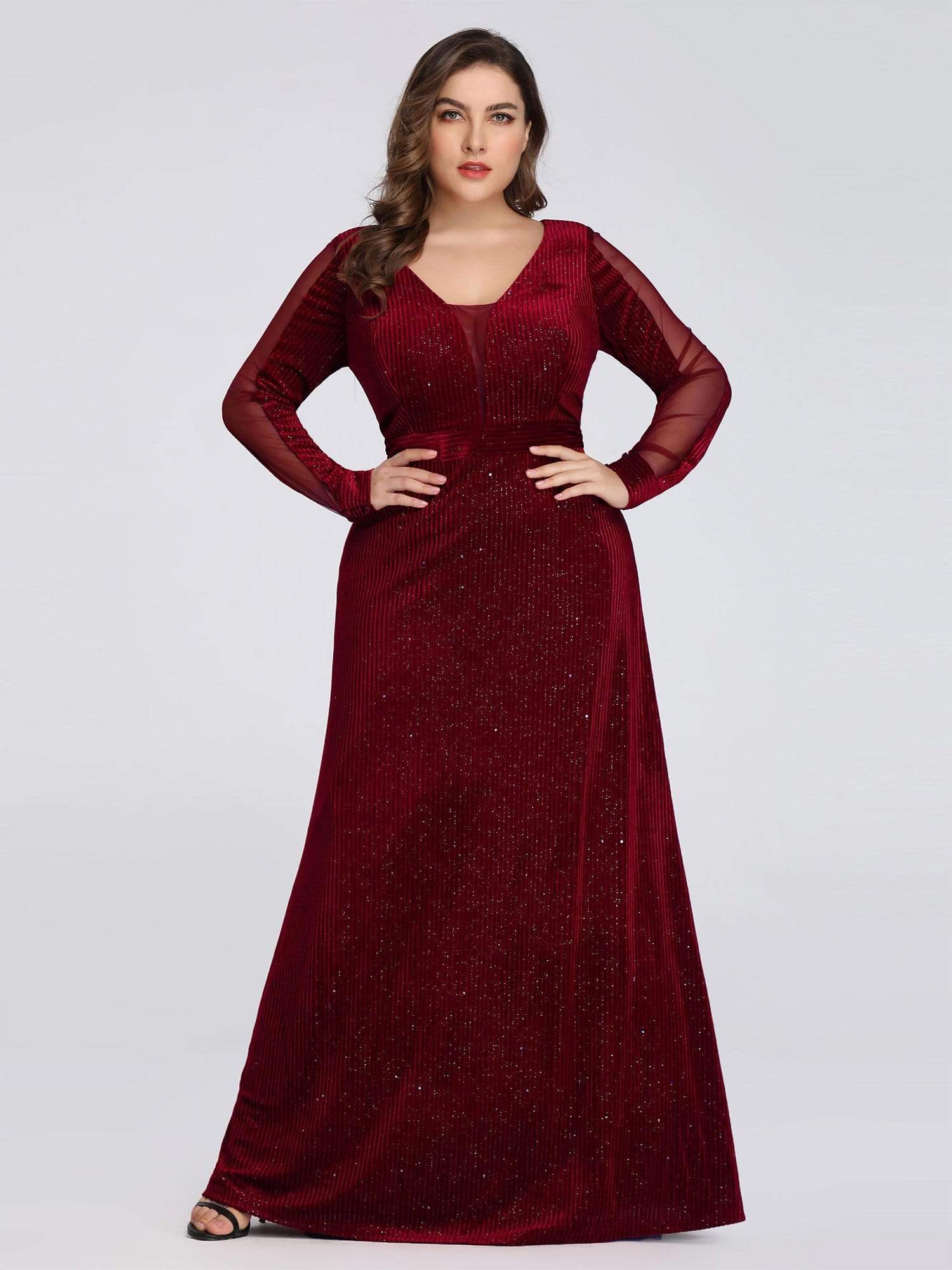 COLOR=Burgundy | Shimmery Evening Dress With Long Sleeves-Burgundy 9