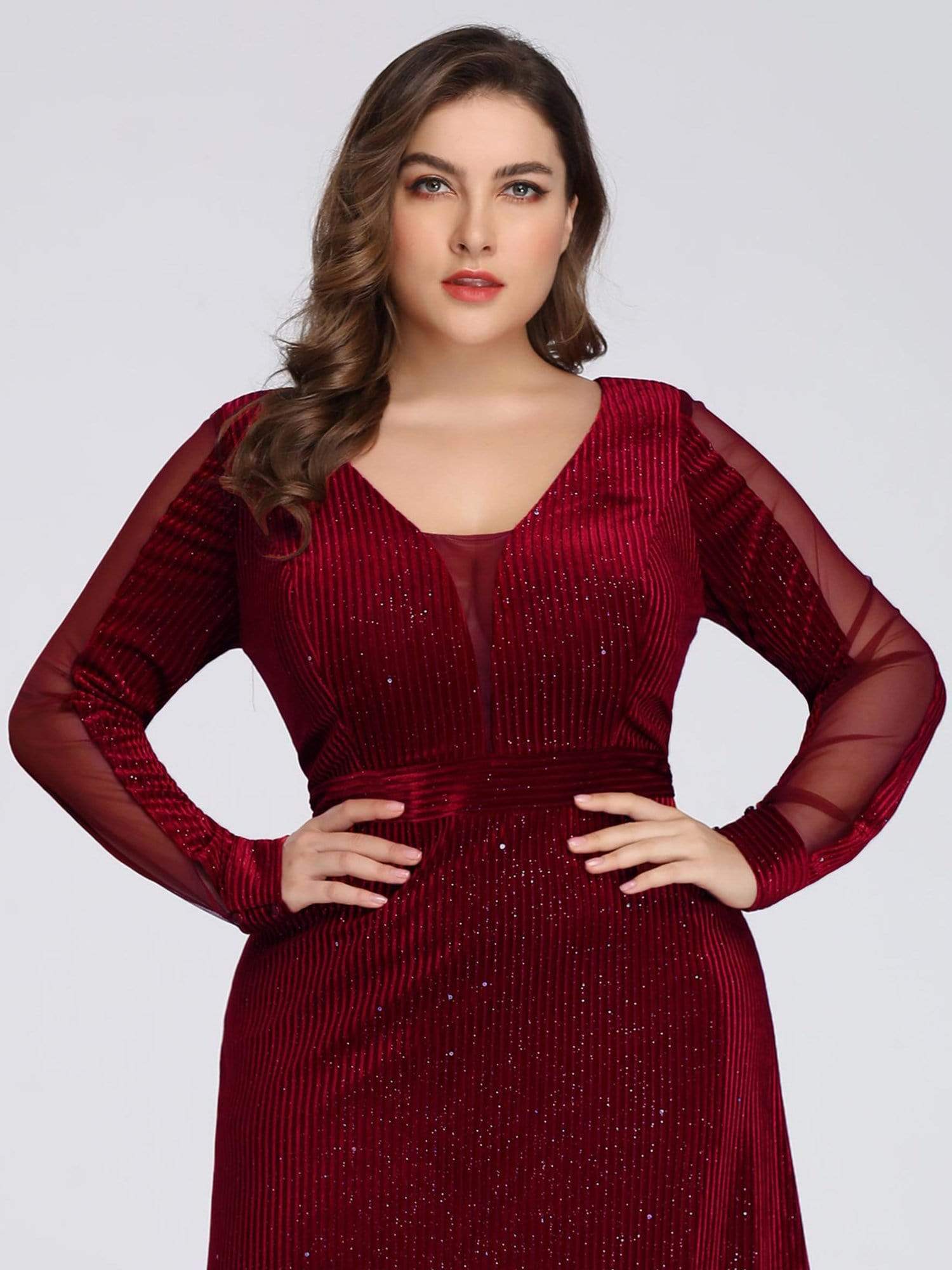 COLOR=Burgundy | Shimmery Evening Dress With Long Sleeves-Burgundy 10
