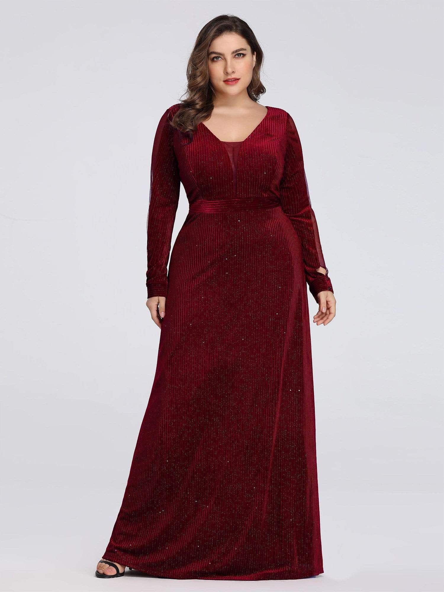 COLOR=Burgundy | Shimmery Evening Dress With Long Sleeves-Burgundy 6