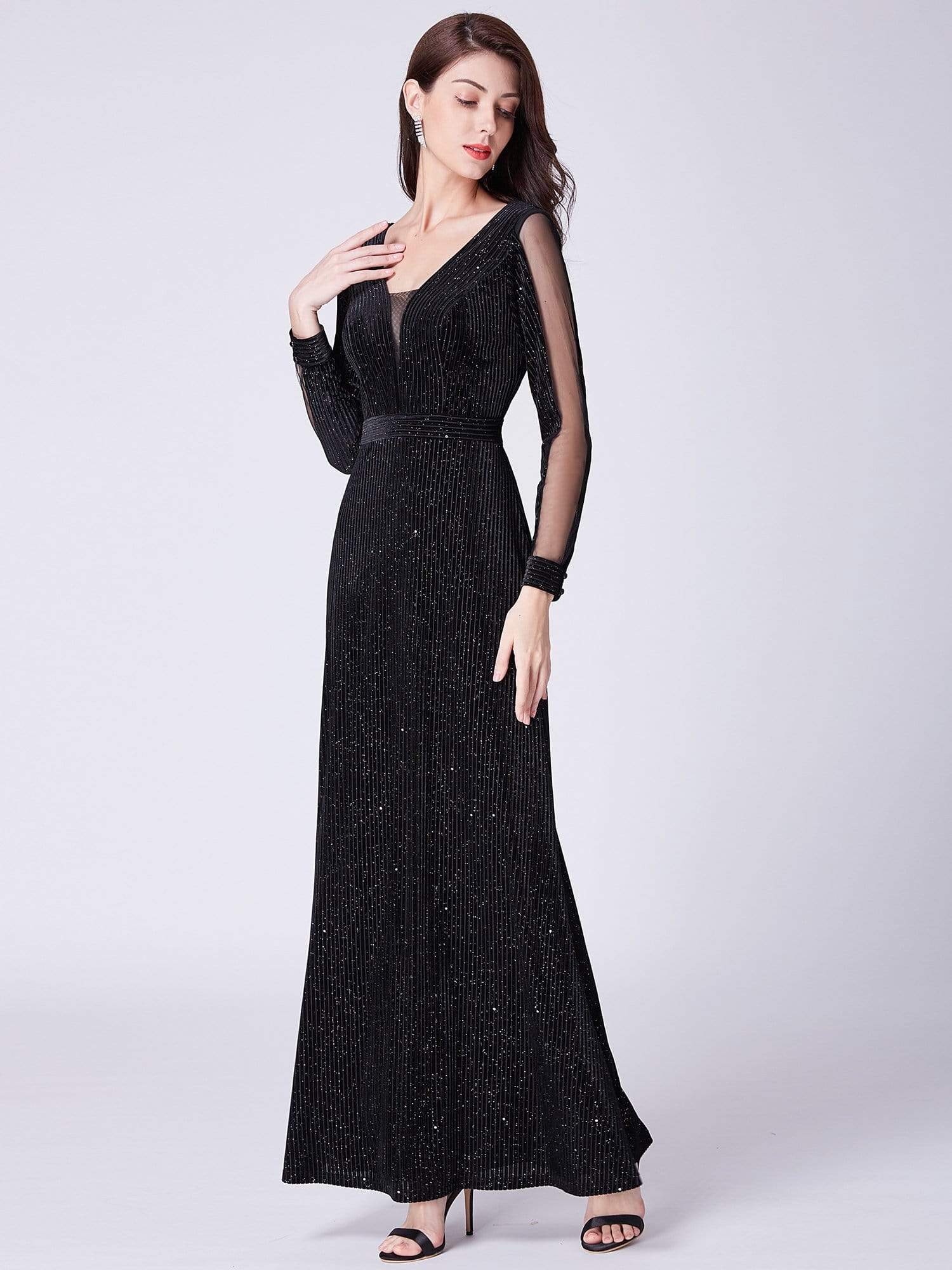 COLOR=Black | Shimmery Evening Dress With Long Sleeves-Black 4