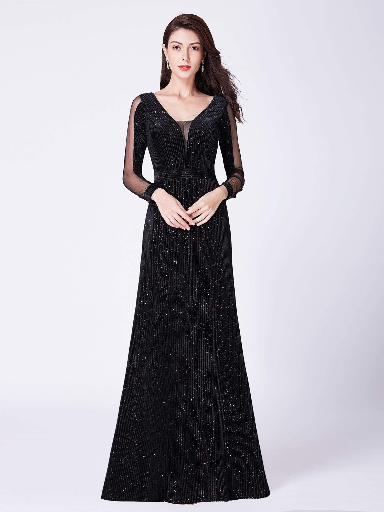 COLOR=Black | Shimmery Evening Dress With Long Sleeves-Black 1